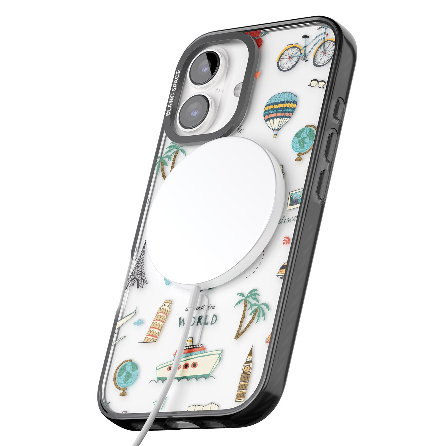 iPhone 16 Pro Max Cute Travel Pattern Transparent Black Impact Phone Case