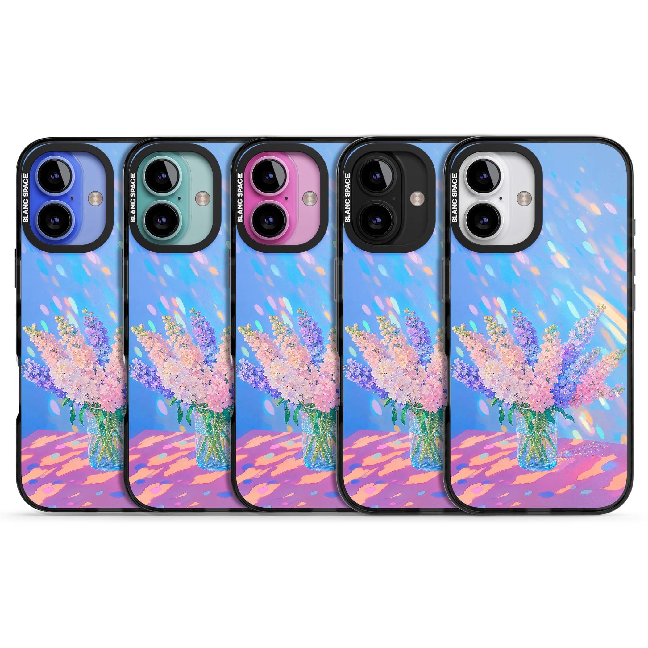 Bubblegum Flowers floral iPhone case featuring pastel lilac and pink bouquet in a glass vase with iridescent light | Black Impact Magsafe case for iPhone 16, iPhone 16 Plus