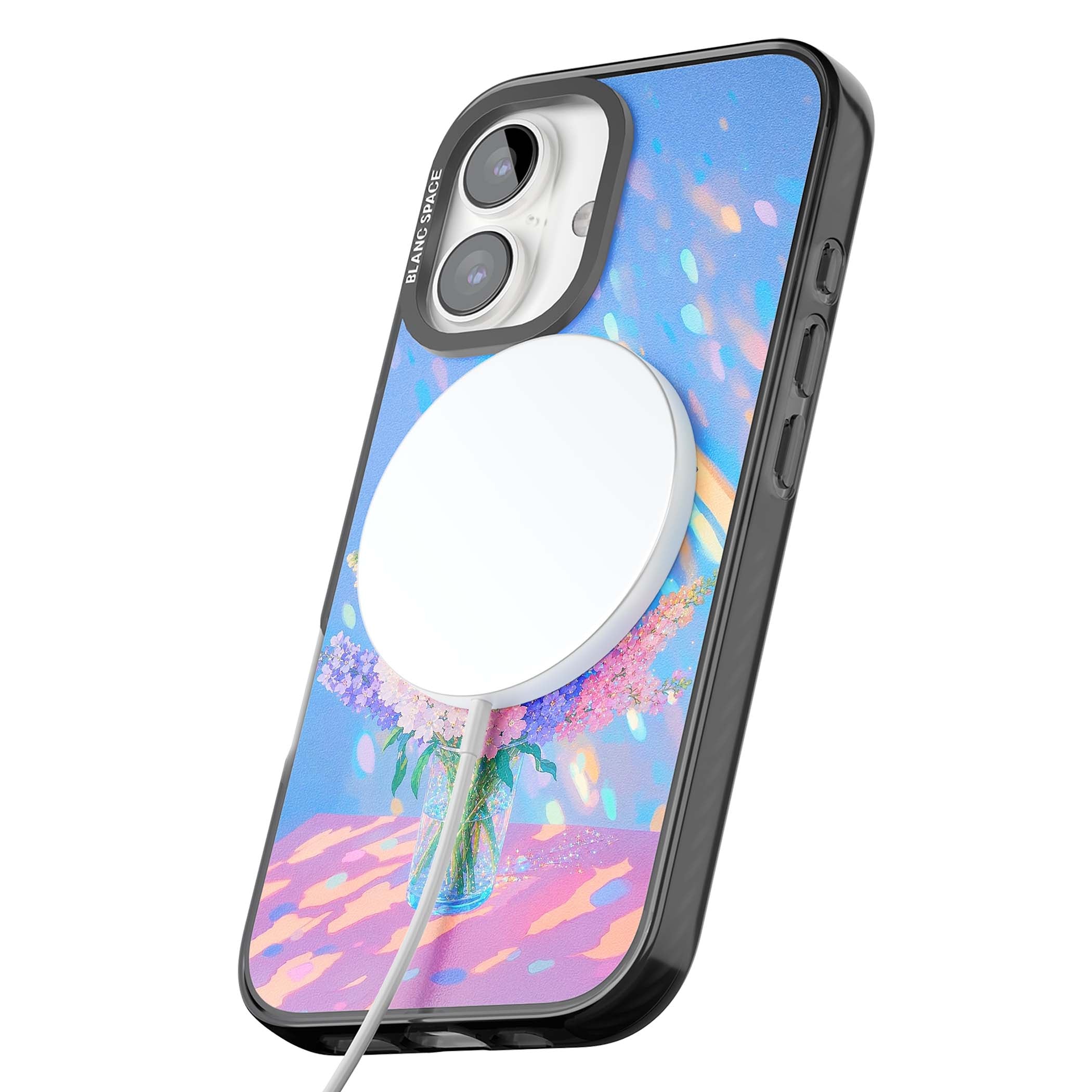 Bubblegum Flowers floral iPhone case featuring pastel lilac and pink bouquet in a glass vase with iridescent light | Black Impact Magsafe case for iPhone 16, iPhone 16 Plus