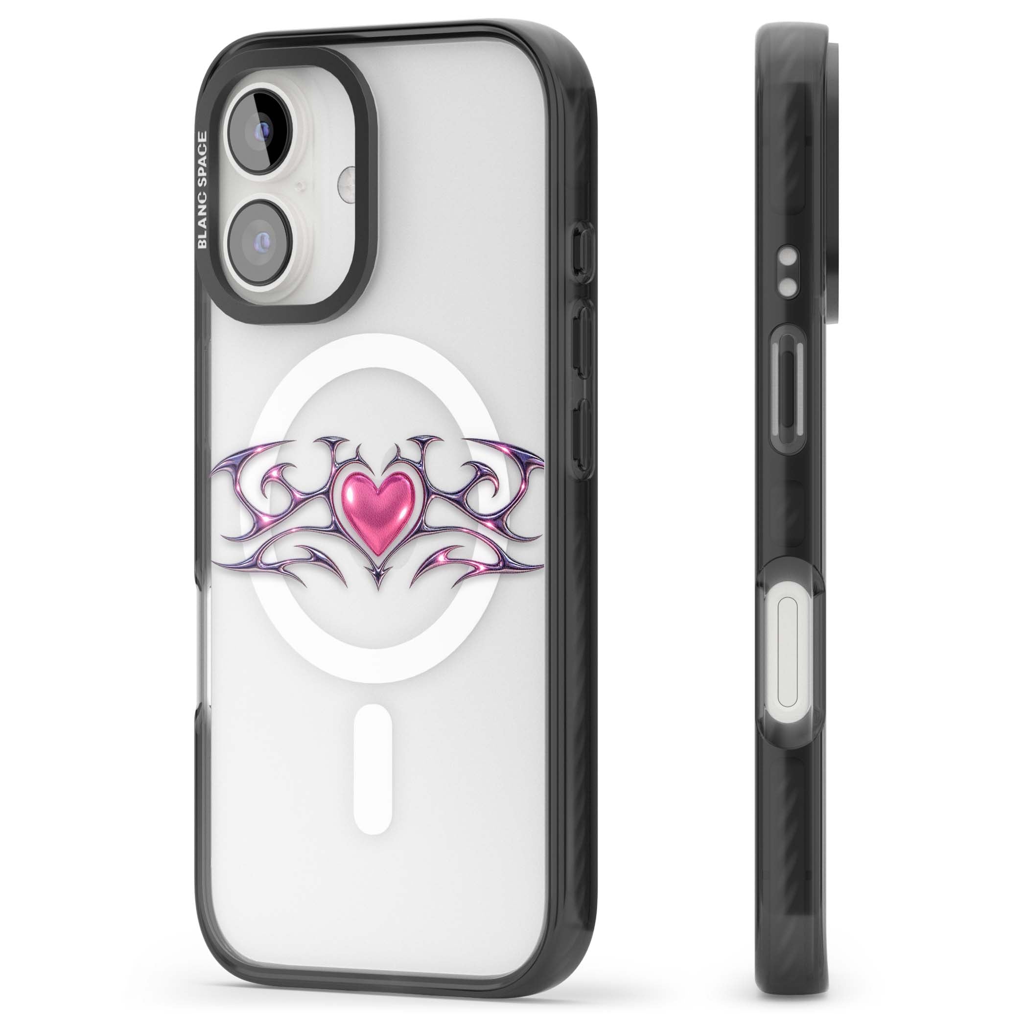 Pink Chrome Heart y2k iPhone case | Black Impact Magsafe case for iPhone 16, iPhone 16 Plus