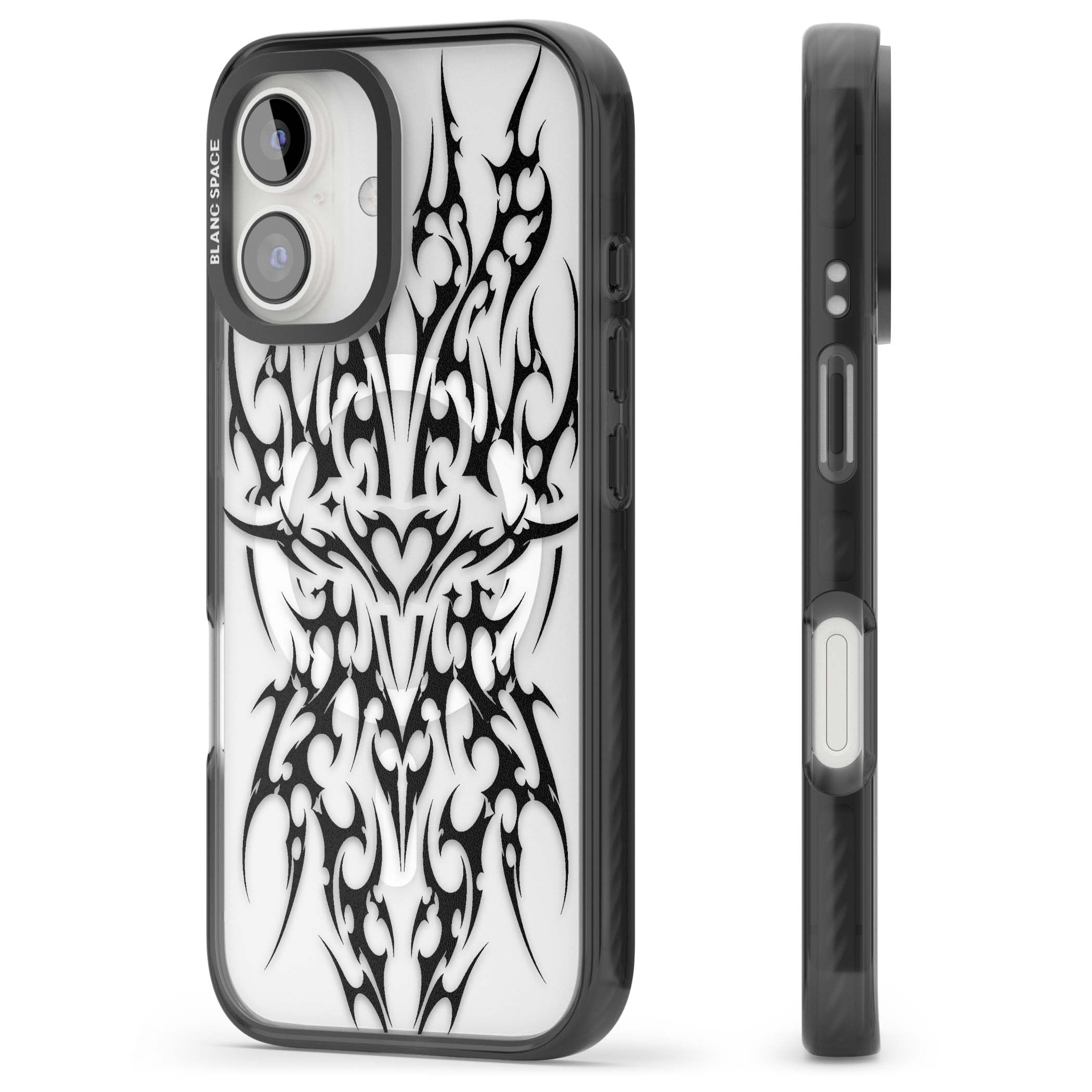 Neo Tribal Heart gothic iPhone case featuring symmetrical black tribal tattoo art with sharp thorn-like linework | Black Impact Magsafe case for iPhone 16, iPhone 16 Plus