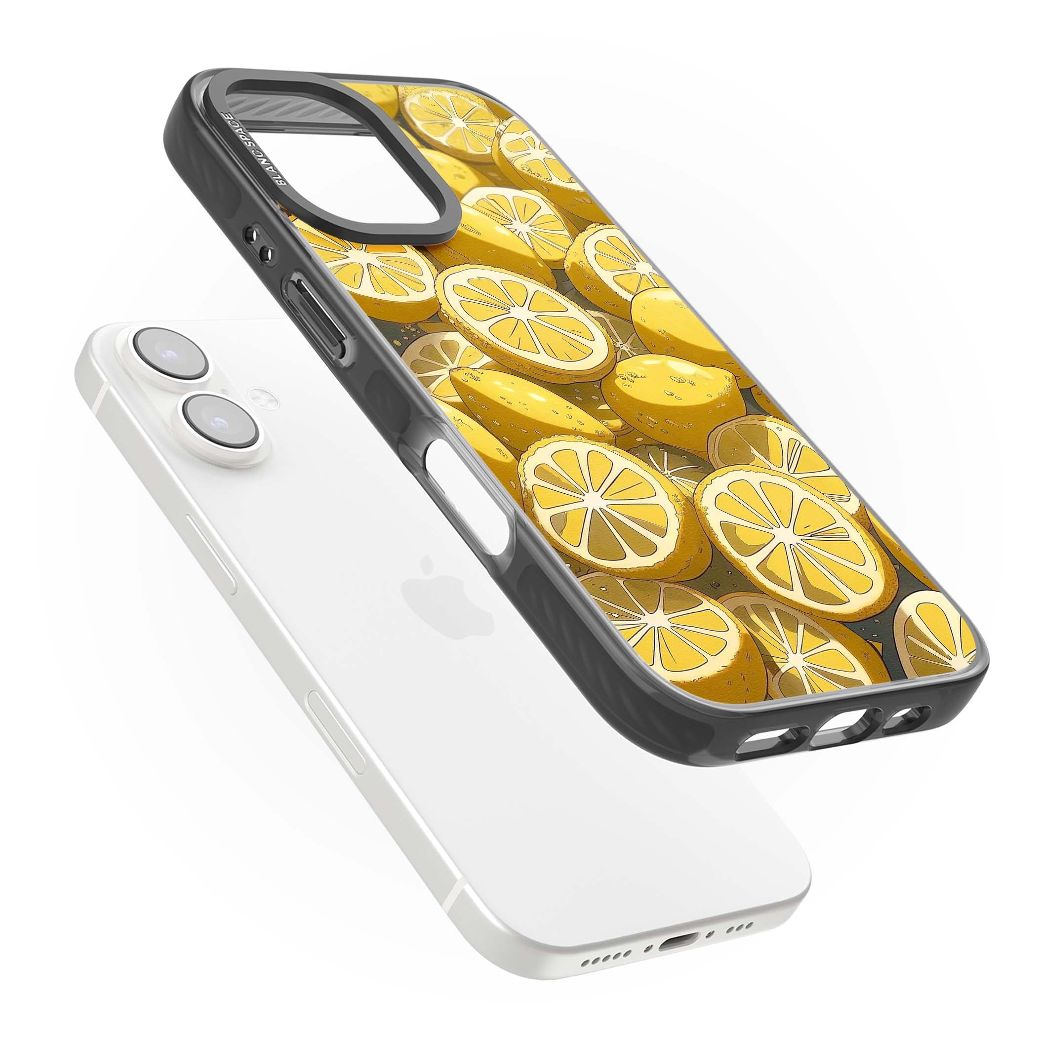 Zesty coastal iPhone case featuring illustrated Mediterranean lemons and citrus slices in golden yellow | Black Impact Magsafe case for iPhone 16, iPhone 16 Plus