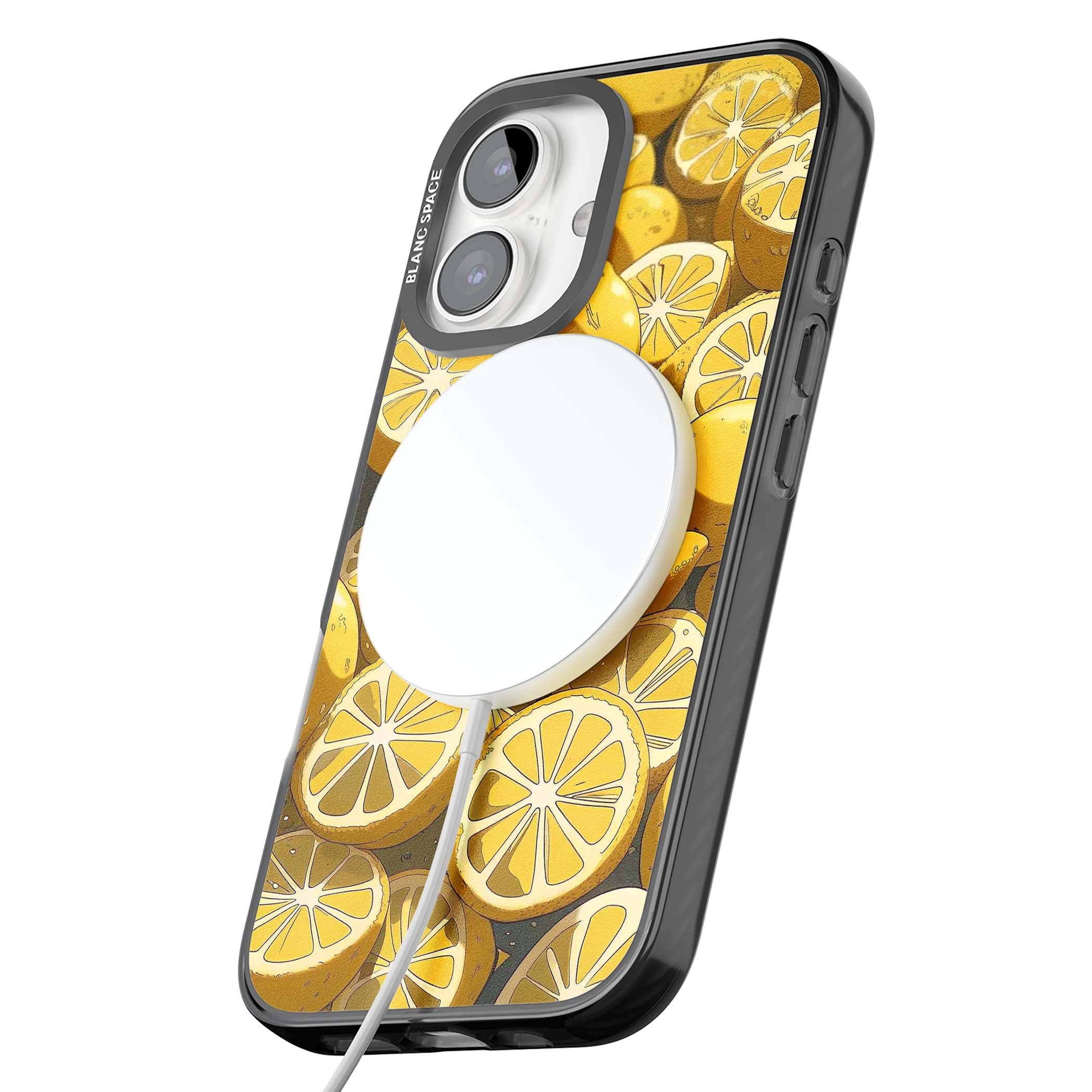 Zesty coastal iPhone case featuring illustrated Mediterranean lemons and citrus slices in golden yellow | Black Impact Magsafe case for iPhone 16, iPhone 16 Plus