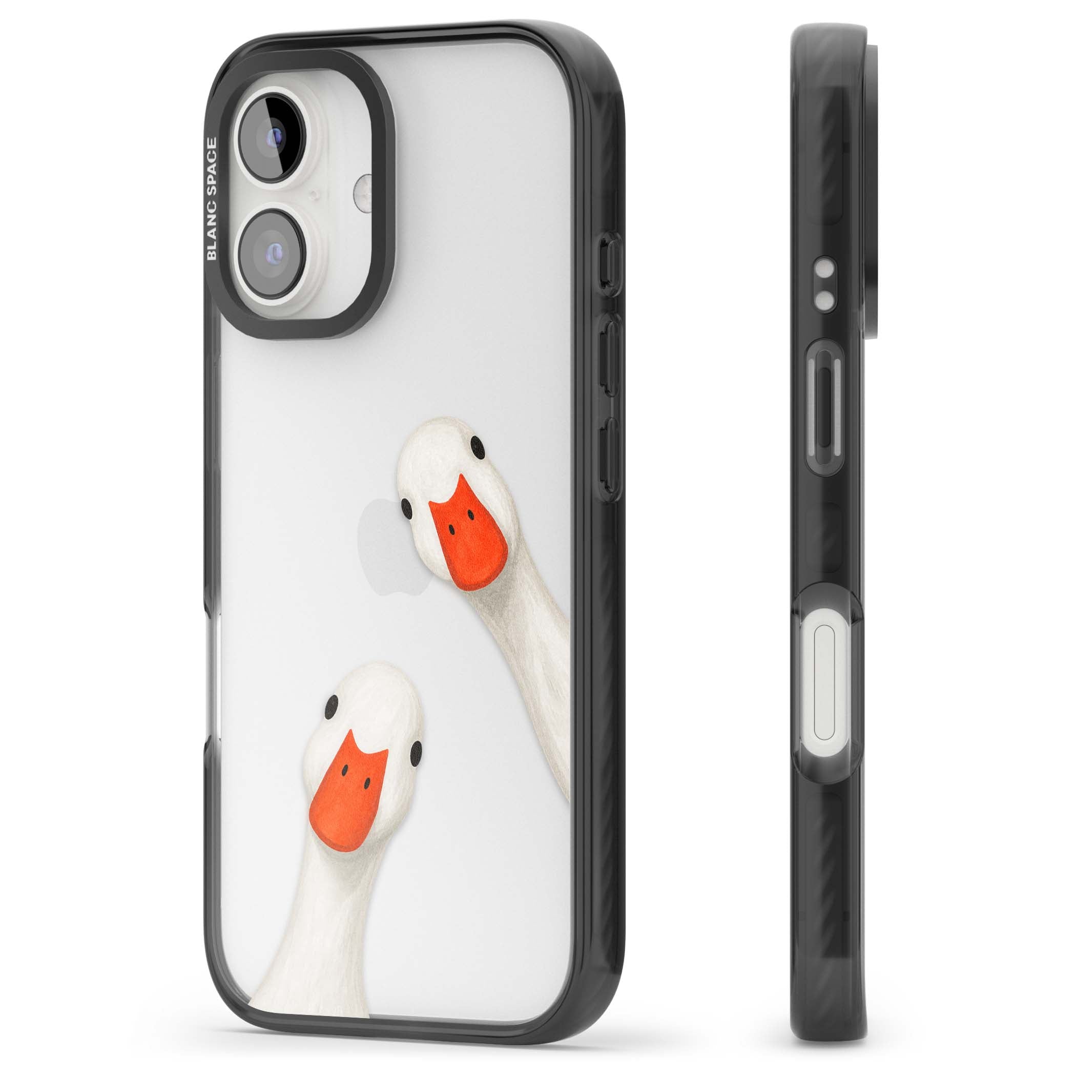 Nosy Ducks cottagecore iPhone case featuring two peeking white ducks with orange beaks on a clear background | Black Impact case for iPhone 16, iPhone 16 Plus