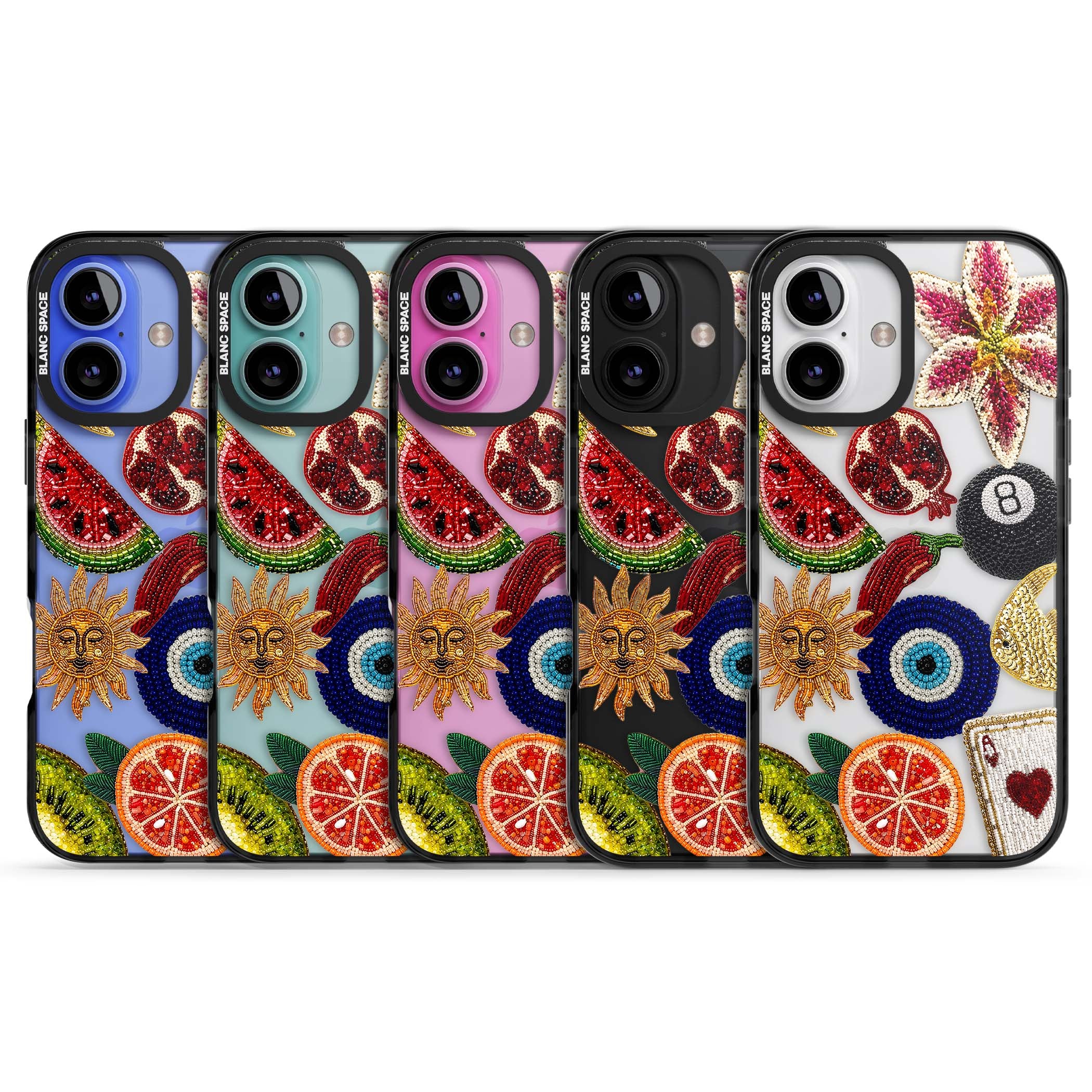 Beaded Charms embroidery iPhone case featuring beaded evil eye, fruit patches and a golden sun motif | Black Impact case for iPhone 16, iPhone 16 Plus