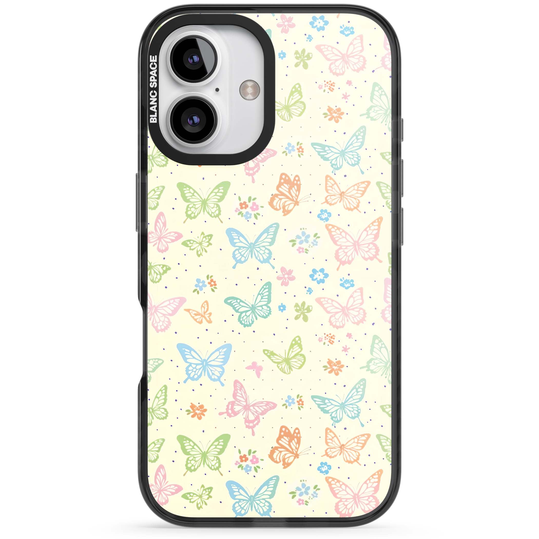 Sugar Wings cottagecore iPhone case featuring rainbow pastel butterflies, tiny wildflowers, and a cream background | Black Impact case for iPhone 16, iPhone 16 Plus
