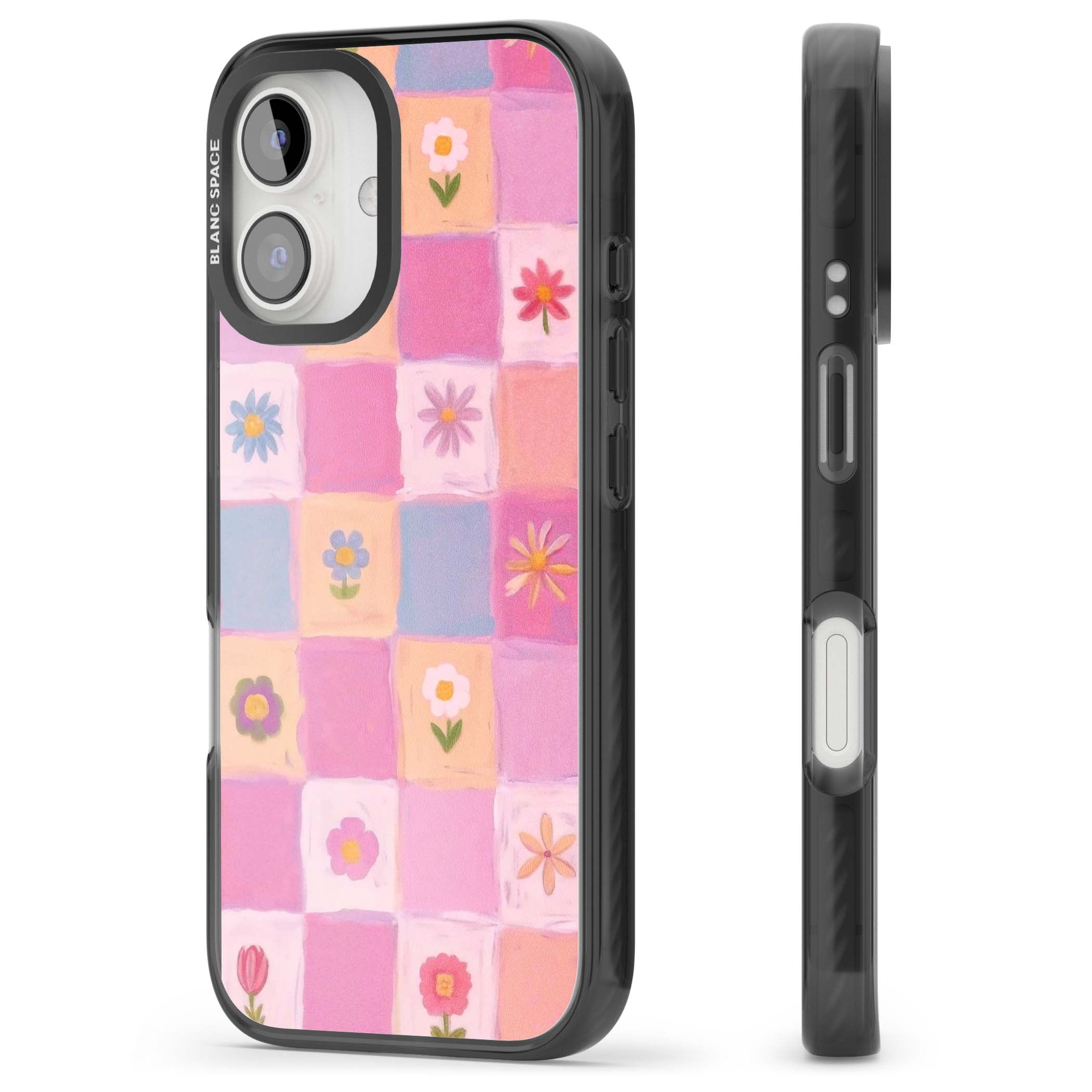 Pastel Flower Patchwork cottagecore iPhone case featuring painted pink and lilac squares with daisies and wildflowers | Black Impact case for iPhone 16, iPhone 16 Plus