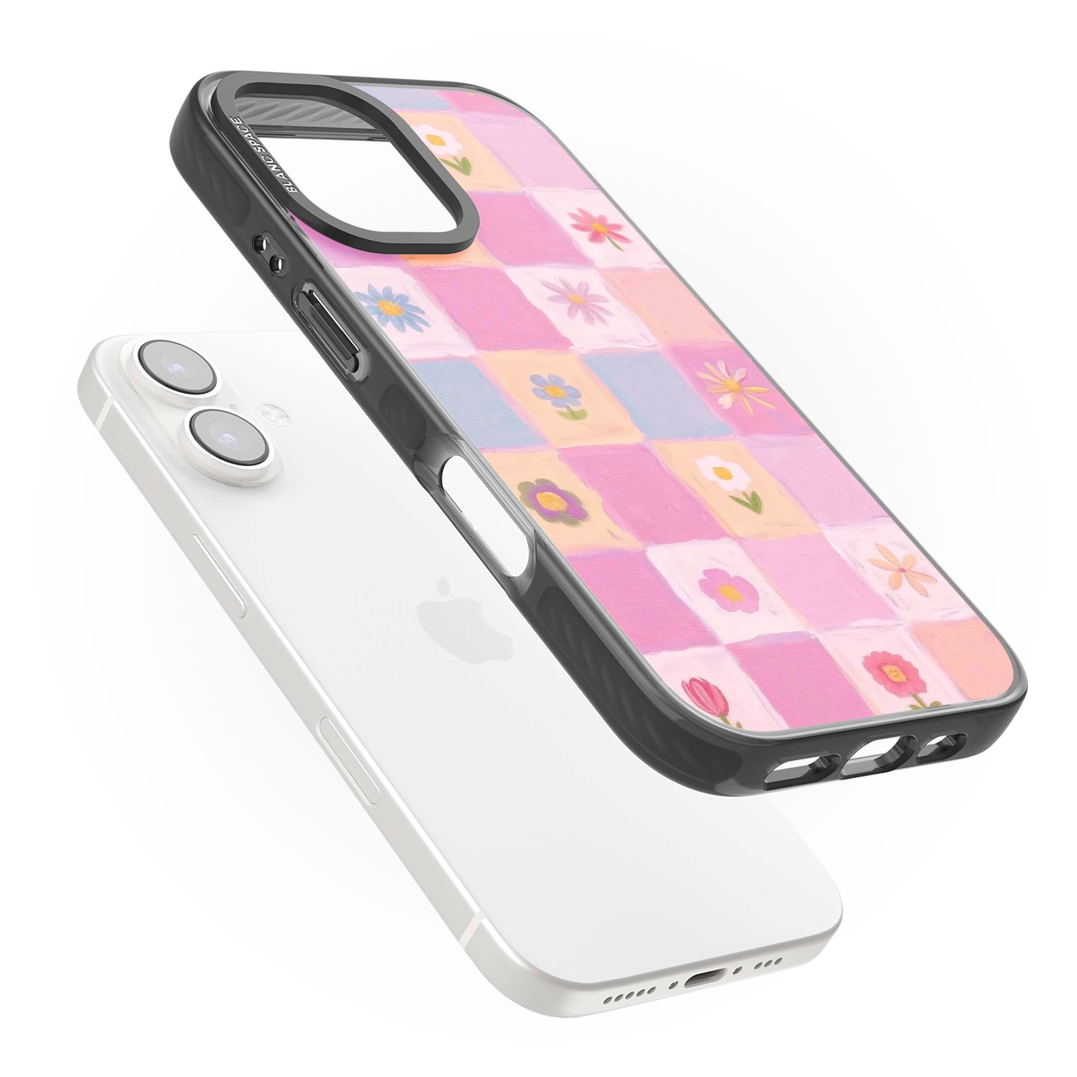 Pastel Flower Patchwork cottagecore iPhone case featuring painted pink and lilac squares with daisies and wildflowers | Black Impact case for iPhone 16, iPhone 16 Plus