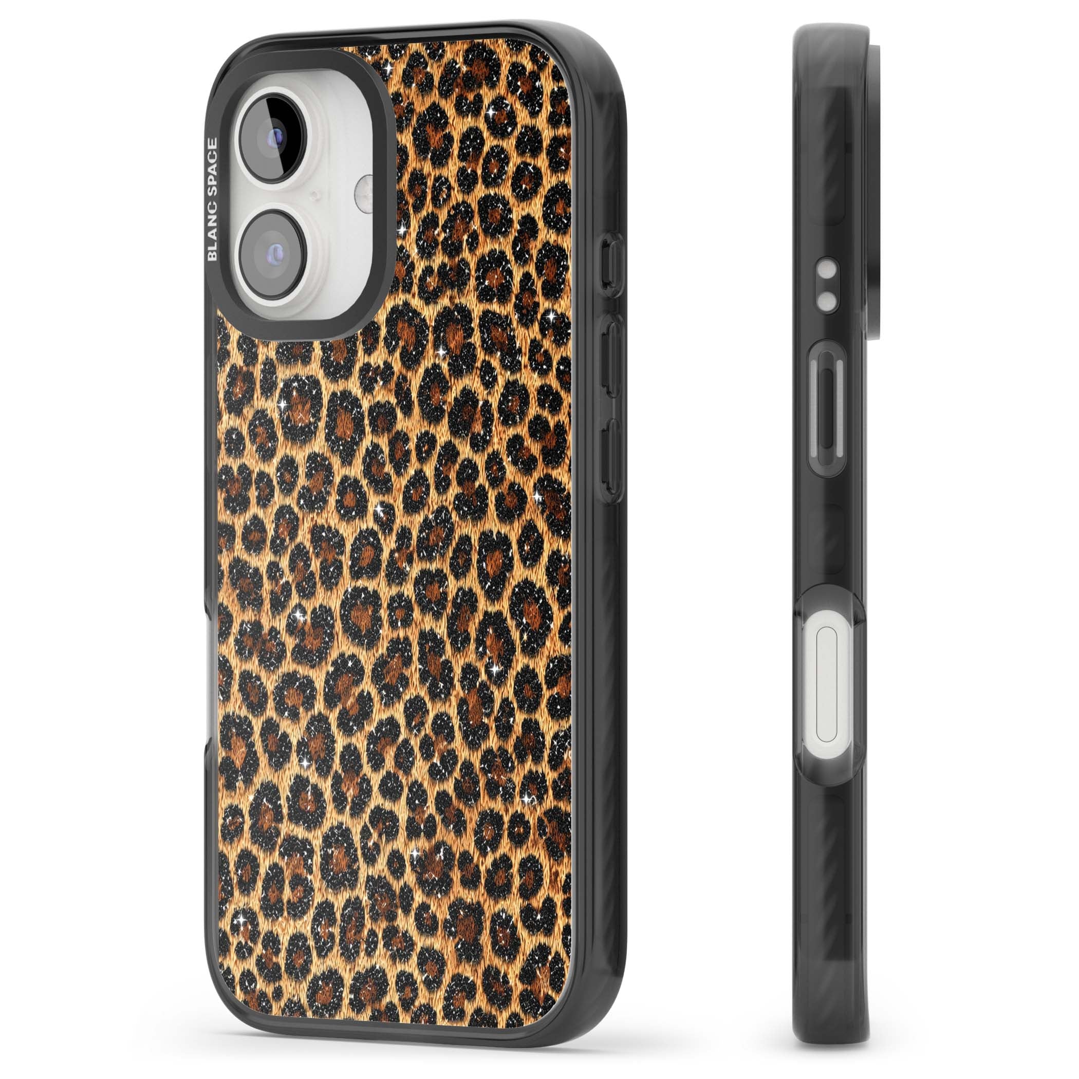 Diamond Leopard leopard print iPhone case featuring golden tan fur, black rosette spots and subtle glitter sparkle | Black Impact case for iPhone 16, iPhone 16 Plus