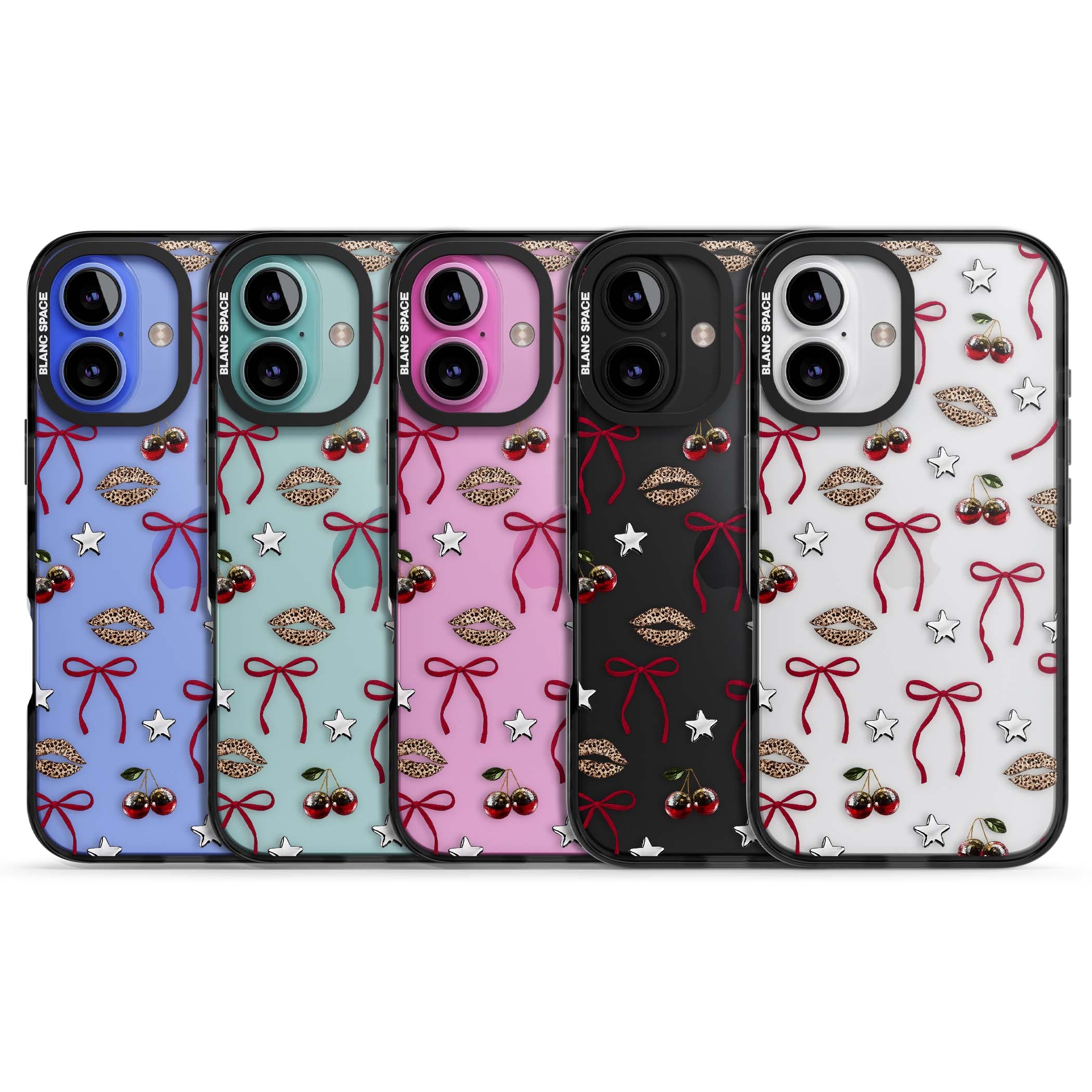 Starlet coquette iPhone case featuring red ribbon bows, disco cherries and leopard-print lips | Black Impact case for iPhone 16, iPhone 16 Plus