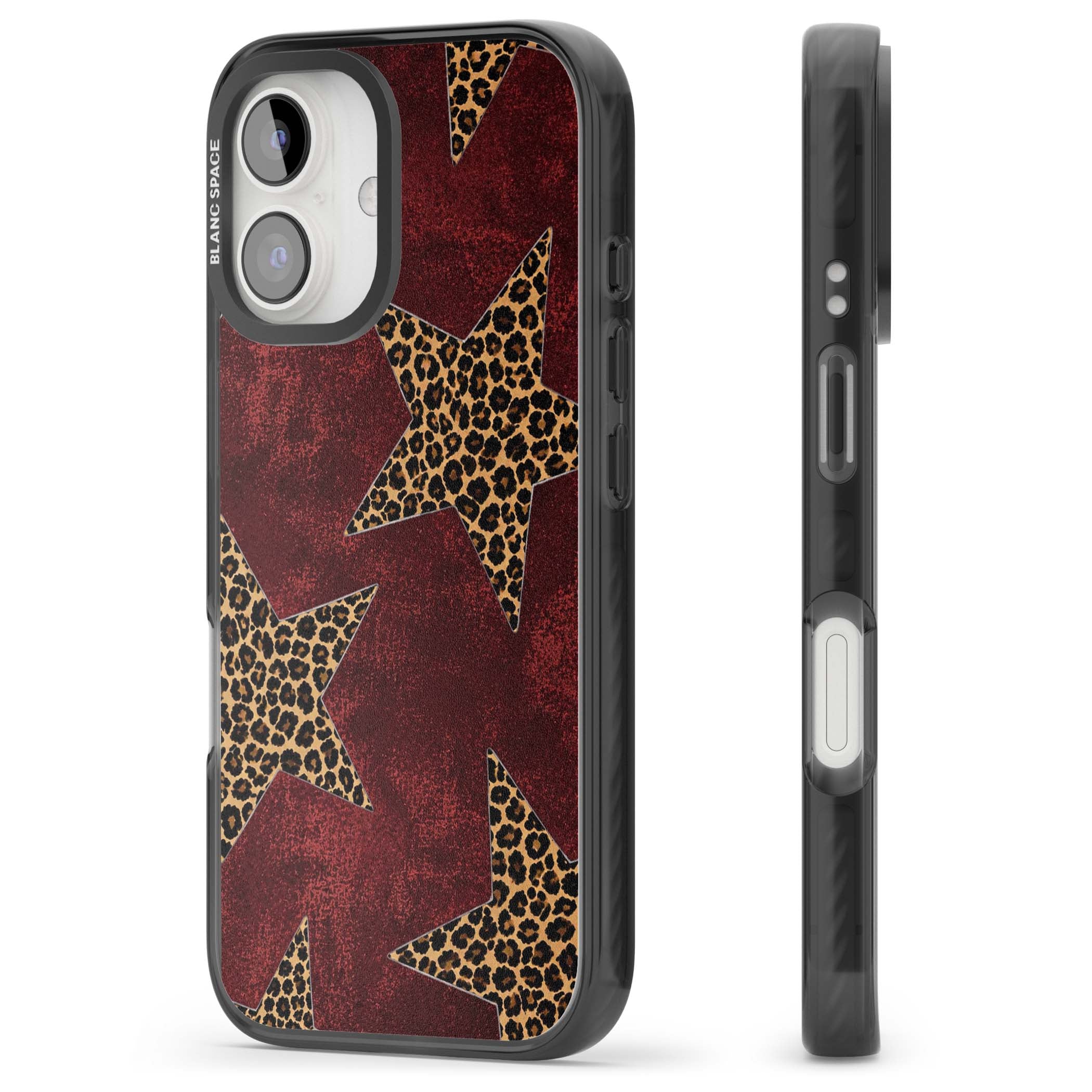 Showgirl leopard print iPhone case featuring cheetah print stars on distressed red grunge background | Black Impact case for iPhone 16, iPhone 16 Plus