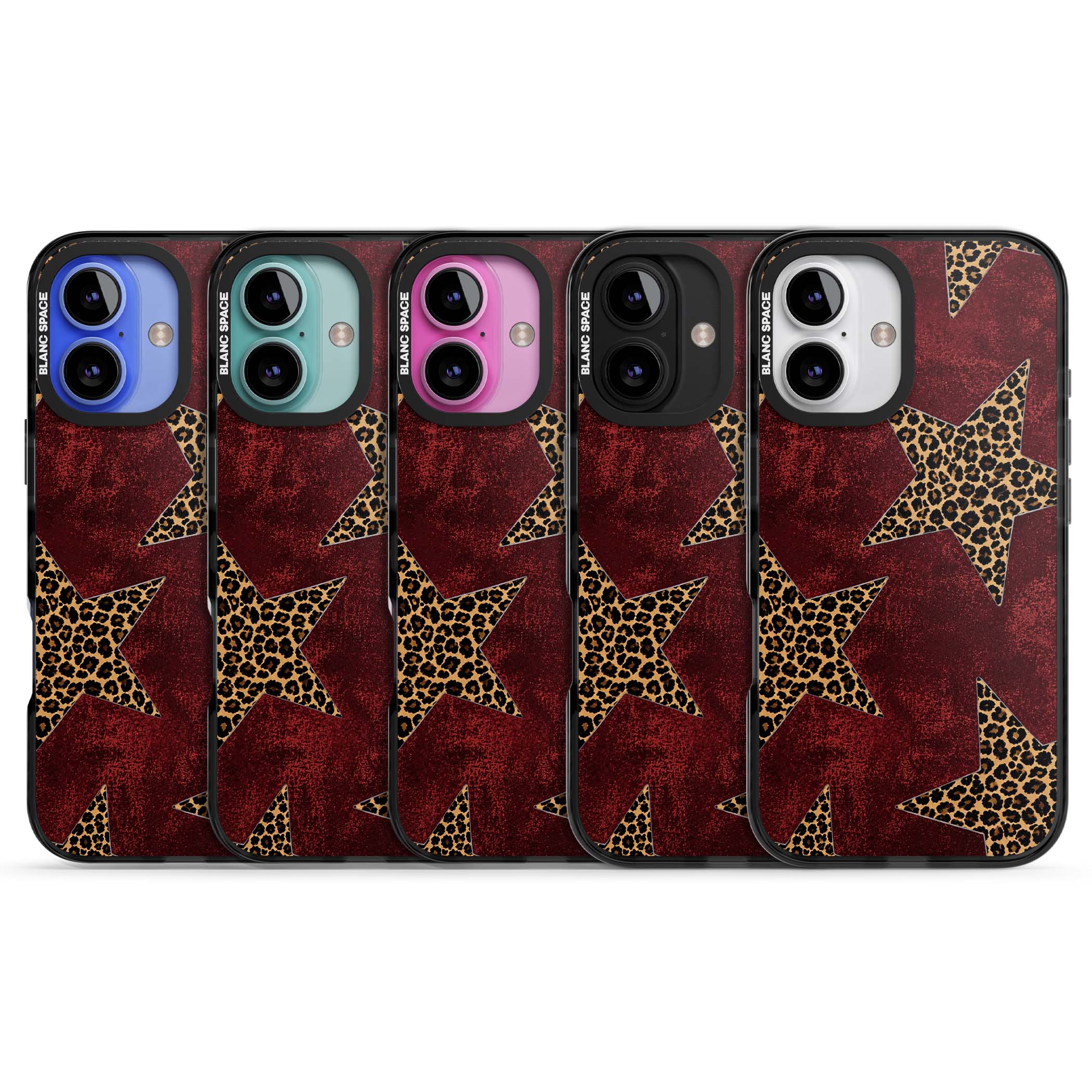 Showgirl leopard print iPhone case featuring cheetah print stars on distressed red grunge background | Black Impact case for iPhone 16, iPhone 16 Plus