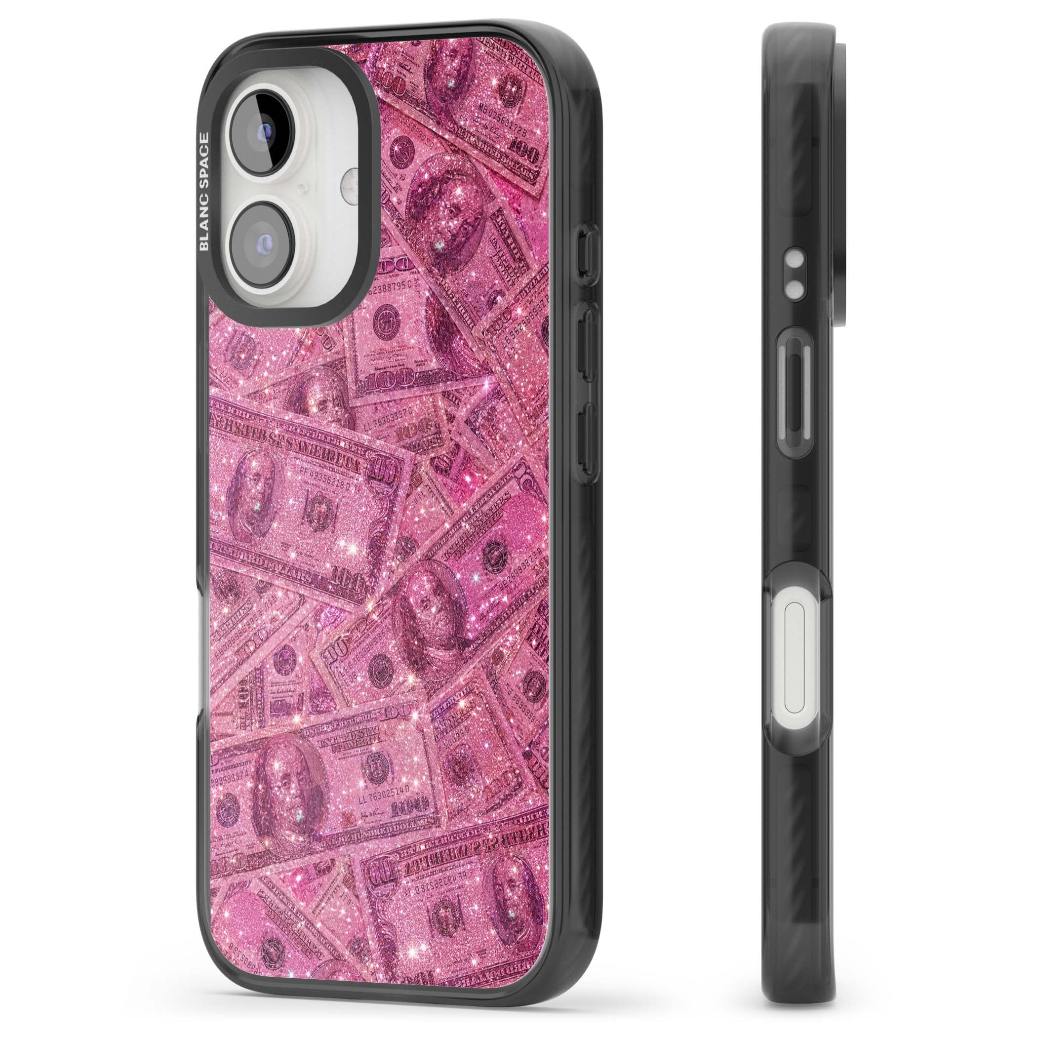 Glamorous baddie iPhone case featuring pink glitter hundred dollar bills and sparkling money wallpaper design | Black Impact case for iPhone 16, iPhone 16 Plus