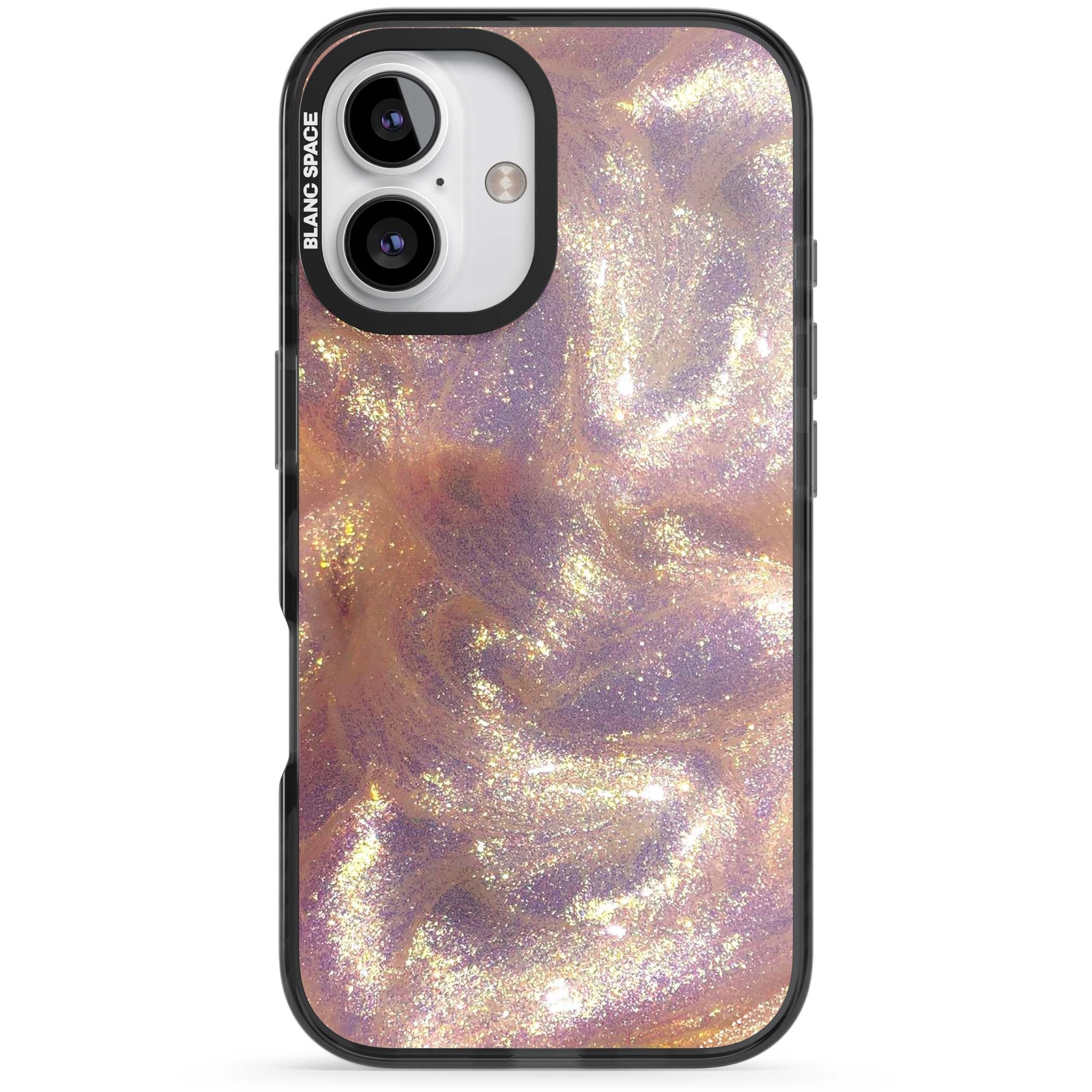 Shimmer marble iPhone case featuring rose gold glitter swirls, lilac shimmer and iridescent pearl finish | Black Impact case for iPhone 16, iPhone 16 Plus