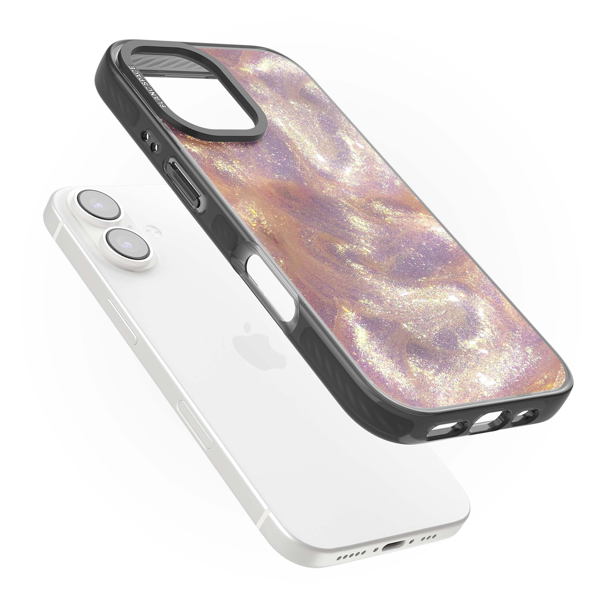 Shimmer marble iPhone case featuring rose gold glitter swirls, lilac shimmer and iridescent pearl finish | Black Impact case for iPhone 16, iPhone 16 Plus