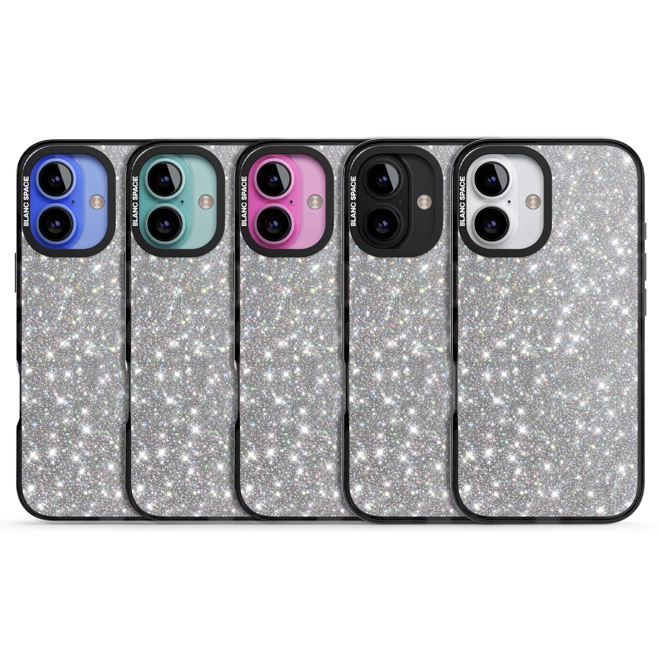 Diamond glam iPhone case featuring silver glitter sparkle and shimmering diamond dust effect | Black Impact case for iPhone 16, iPhone 16 Plus