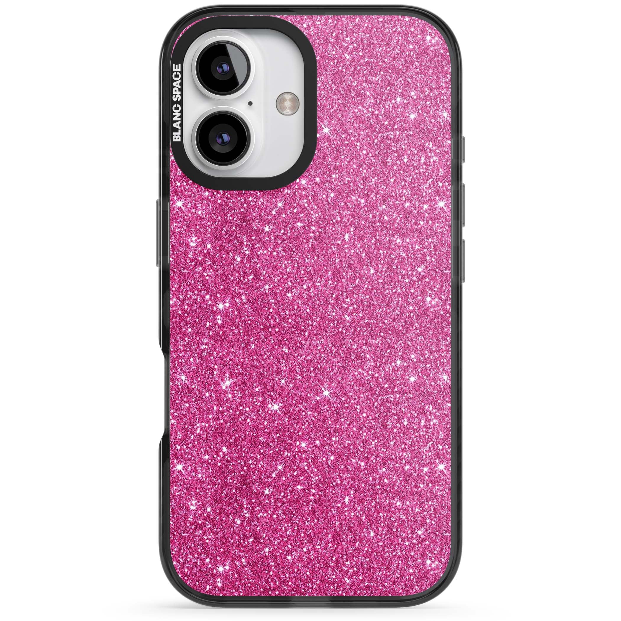 Pink Glitter Y2K iPhone case featuring hot pink glitter wallpaper with sparkle shimmer effect | Black Impact case for iPhone 16, iPhone 16 Plus