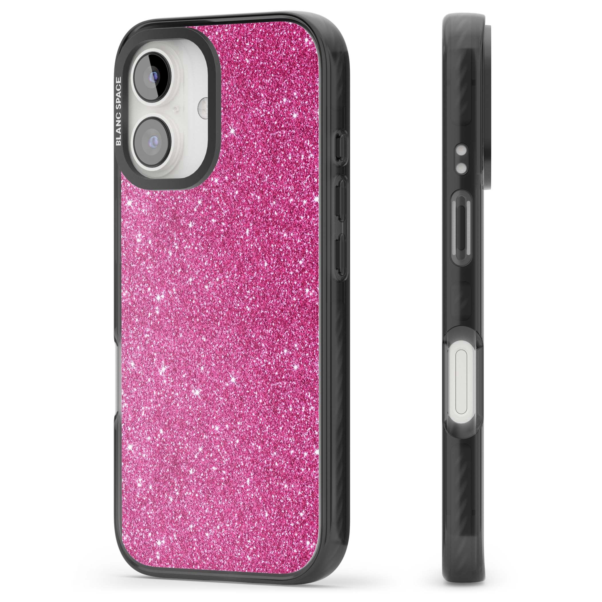 Pink Glitter Y2K iPhone case featuring hot pink glitter wallpaper with sparkle shimmer effect | Black Impact case for iPhone 16, iPhone 16 Plus