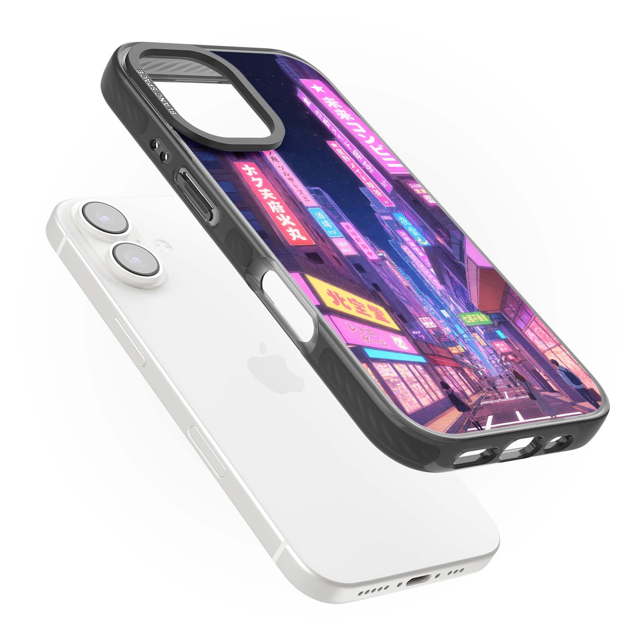 Shibuya At Night Japanese neon city iPhone case featuring glowing kanji signs, pink storefronts and a Tokyo street at n | Black Impact case for iPhone 16, iPhone 16 Plus