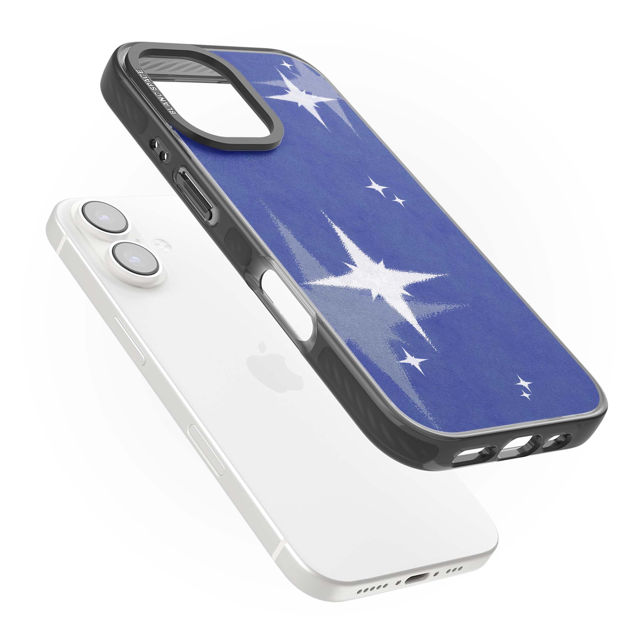 Blue Sparkle celestial iPhone case featuring sparkling silver stars on a deep blue painterly night sky | Black Impact case for iPhone 16, iPhone 16 Plus