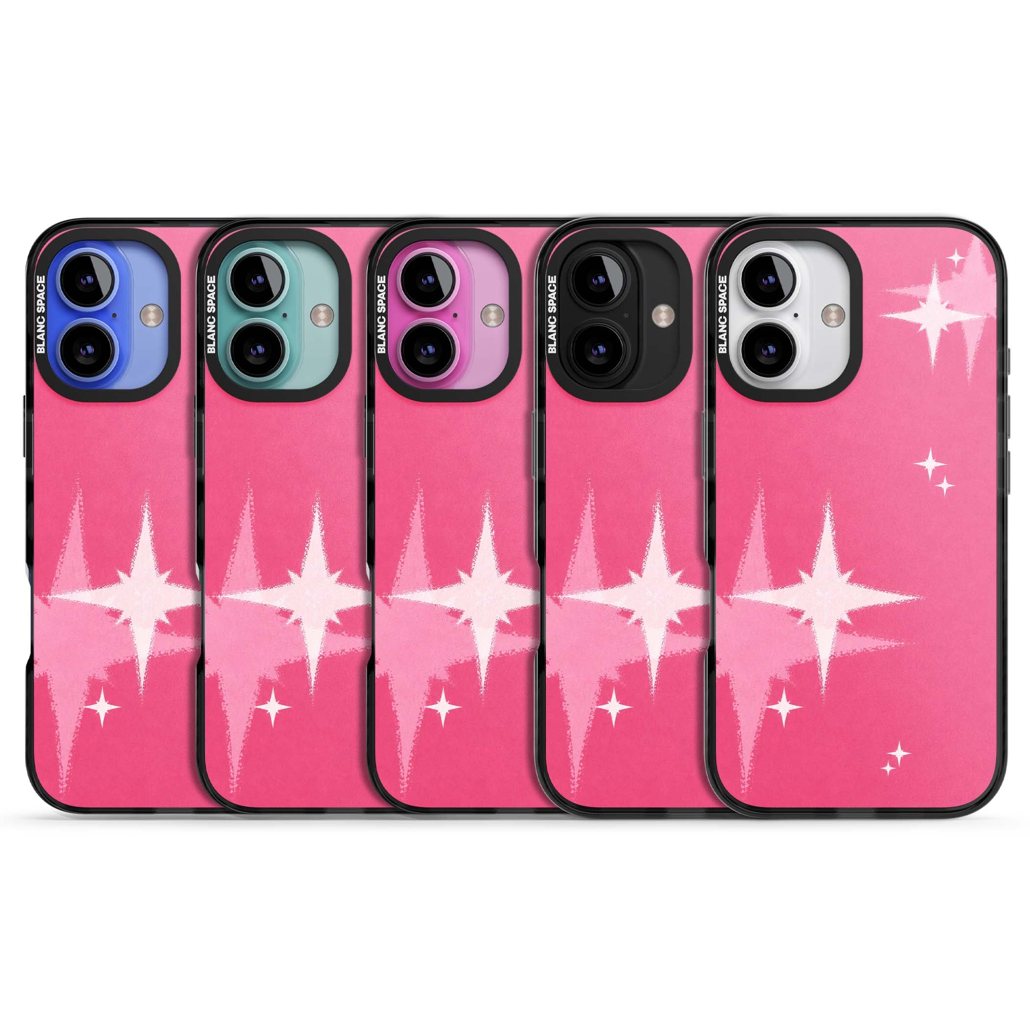 Pink Sparkle Y2K iPhone case featuring hot pink background with shimmering white starburst pattern | Black Impact case for iPhone 16, iPhone 16 Plus