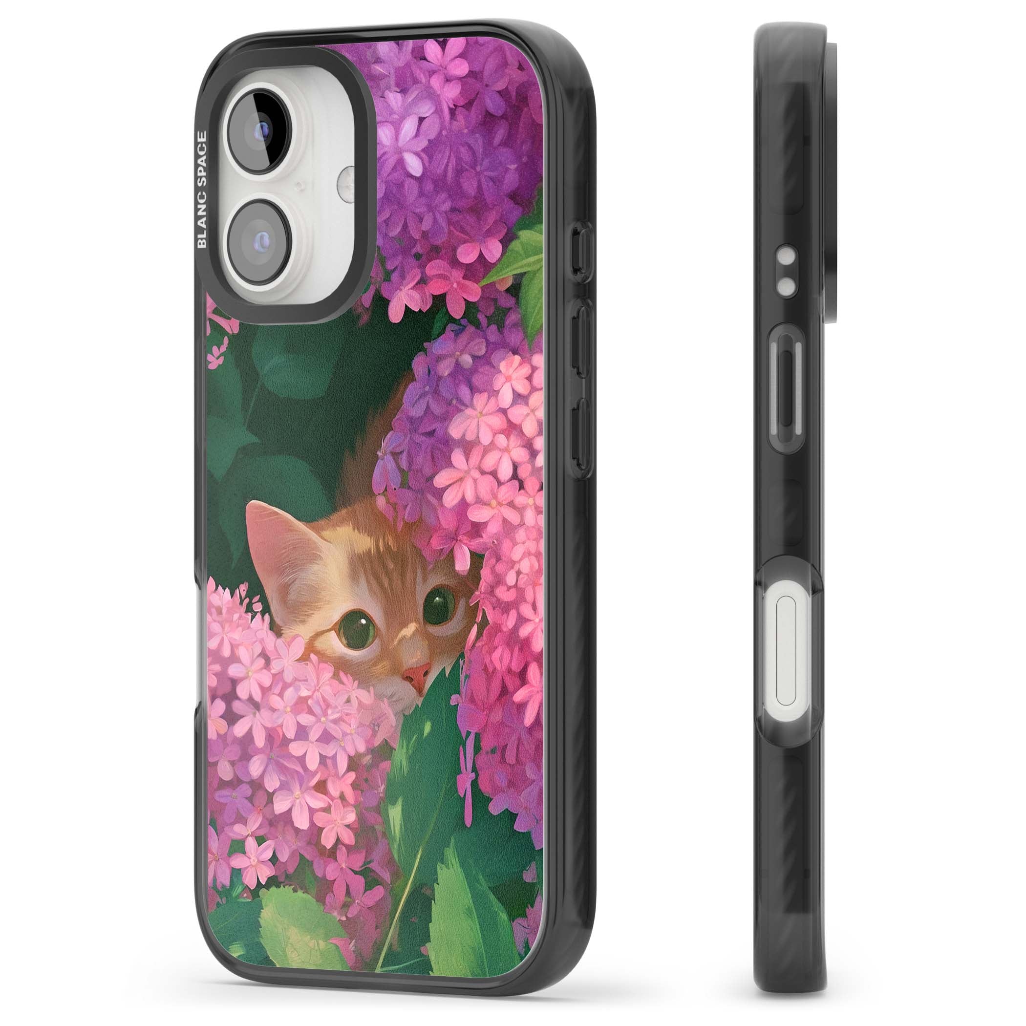 Cat In Pink Flowers cottagecore iPhone case featuring a ginger kitten peeking through lilac and pink hydrangea flo | Black Impact case for iPhone 16, iPhone 16 Plus