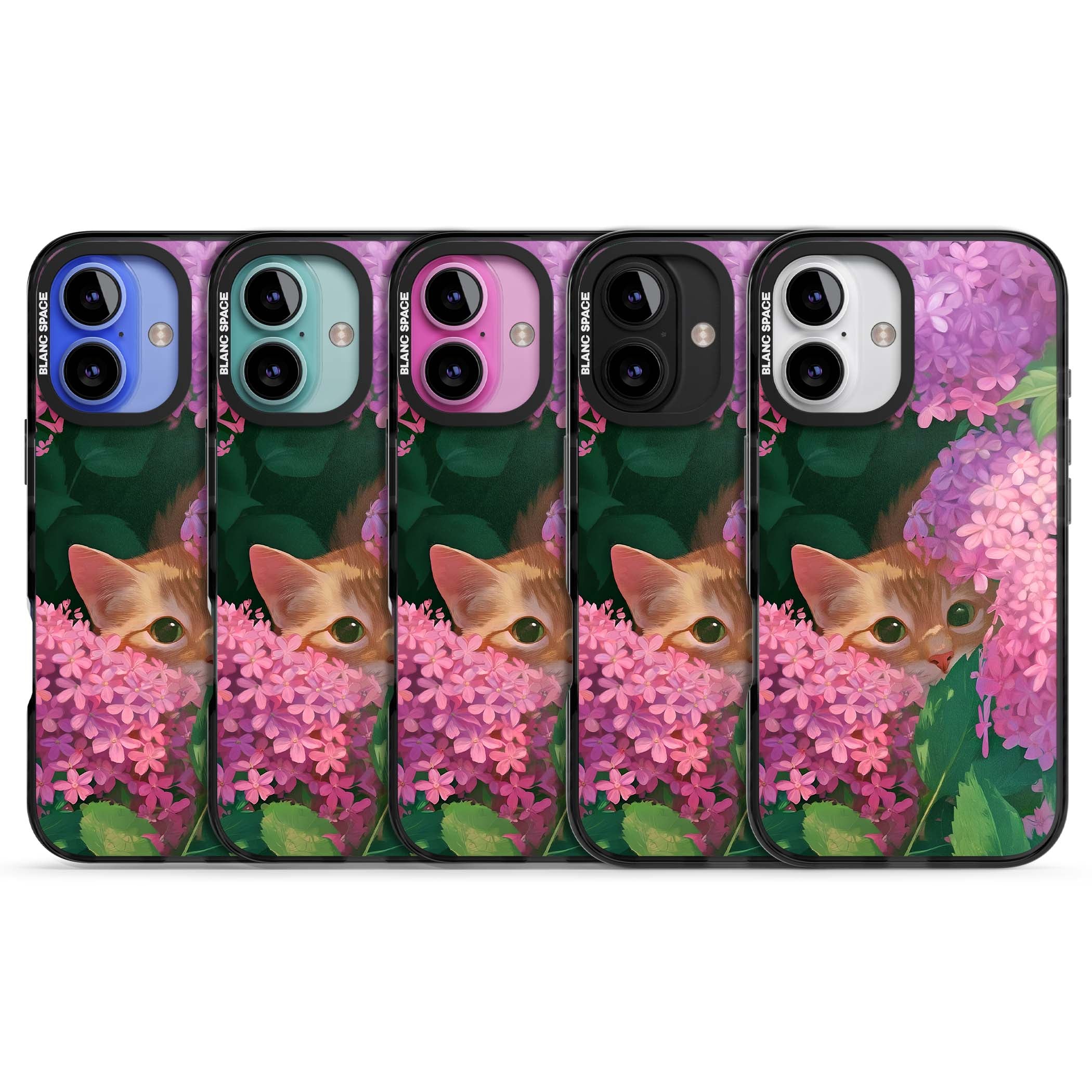 Cat In Pink Flowers cottagecore iPhone case featuring a ginger kitten peeking through lilac and pink hydrangea flo | Black Impact case for iPhone 16, iPhone 16 Plus