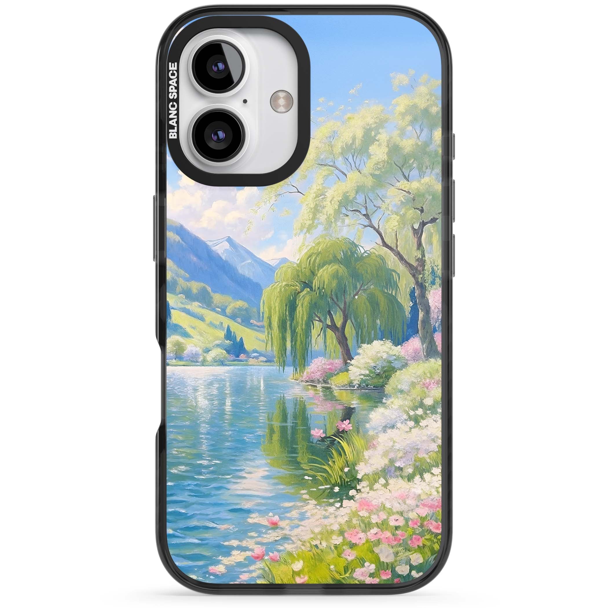 Willow Lake cottagecore iPhone case featuring a painted lakeside with weeping willow, blossoms and distant mountains | Black Impact case for iPhone 16, iPhone 16 Plus