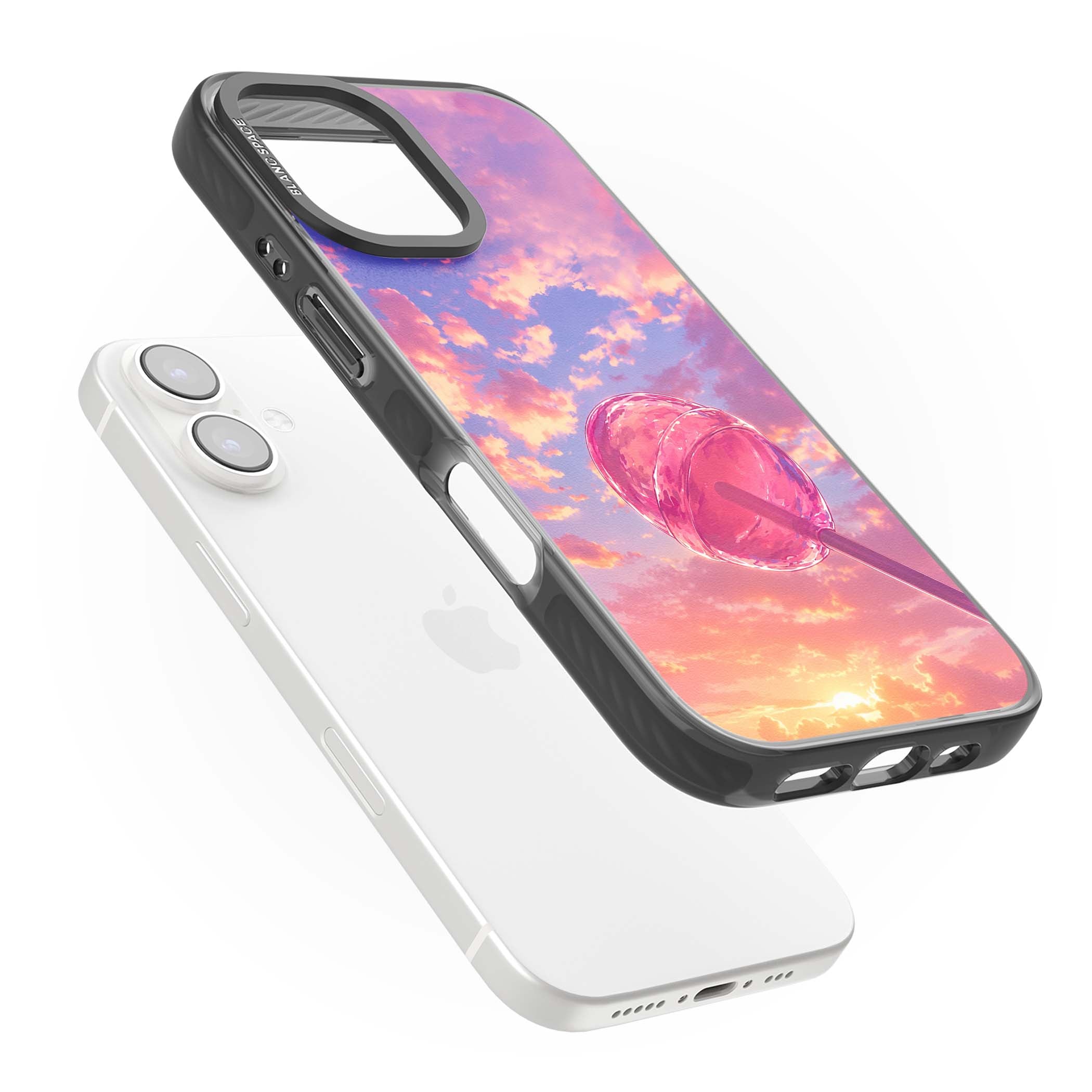 Sugar Sunset candy aesthetic iPhone case featuring a pink lollipop, pastel sunset sky and dreamy clouds | Black Impact case for iPhone 16, iPhone 16 Plus