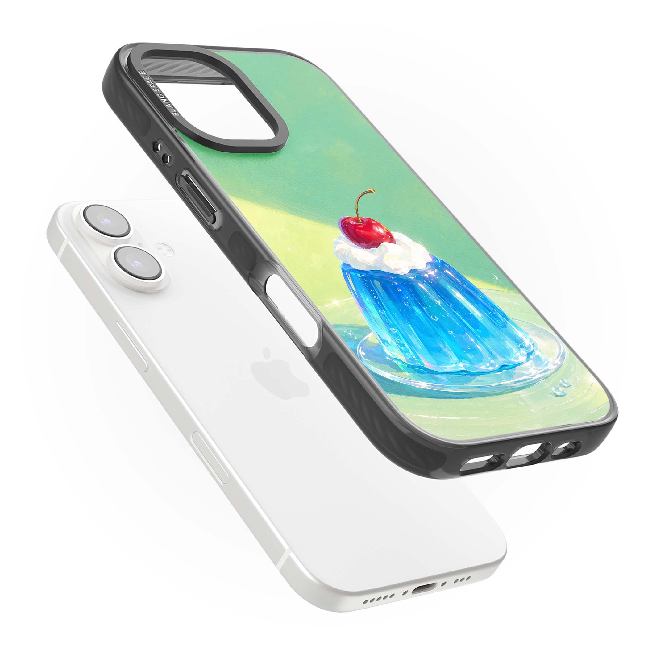 Cherry Jelly kawaii dessert iPhone case featuring blue jelly pudding, whipped cream and a red cherry | Black Impact case for iPhone 16, iPhone 16 Plus