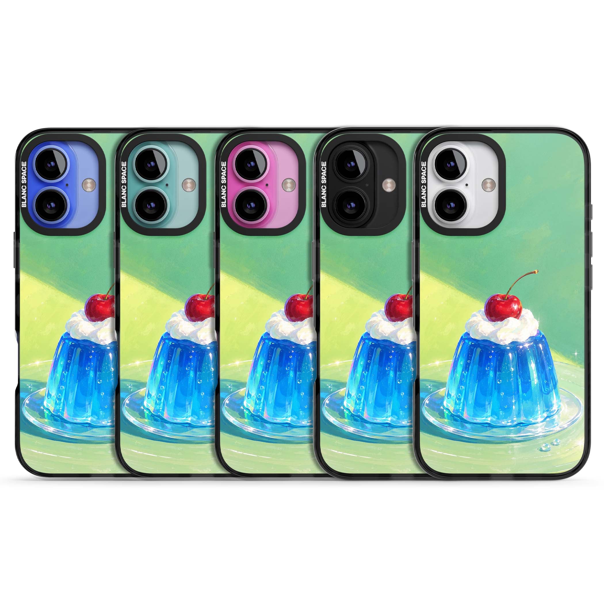 Cherry Jelly kawaii dessert iPhone case featuring blue jelly pudding, whipped cream and a red cherry | Black Impact case for iPhone 16, iPhone 16 Plus