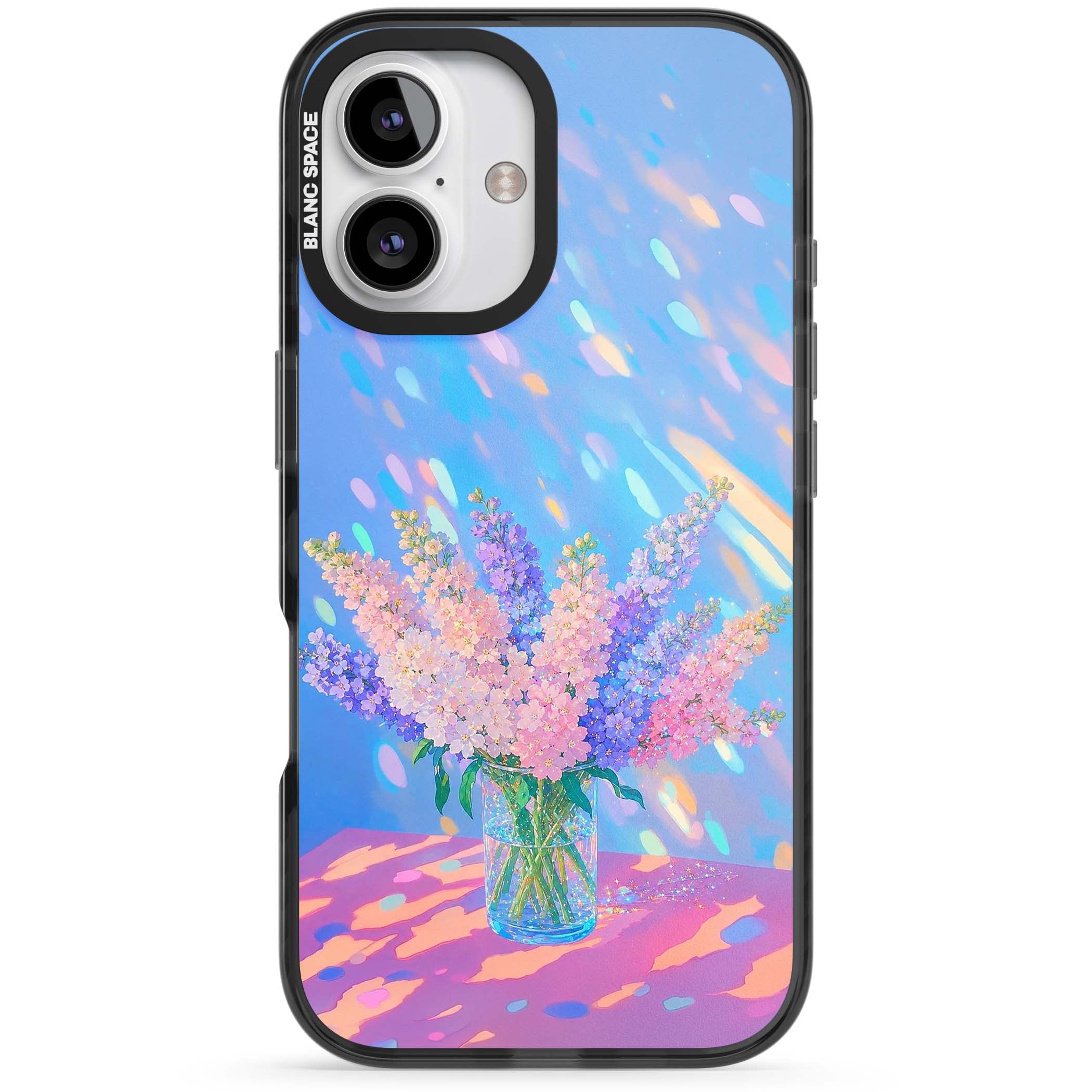 Bubblegum Flowers floral iPhone case featuring pastel lilac and pink bouquet in a glass vase with iridescent light | Black Impact case for iPhone 16, iPhone 16 Plus