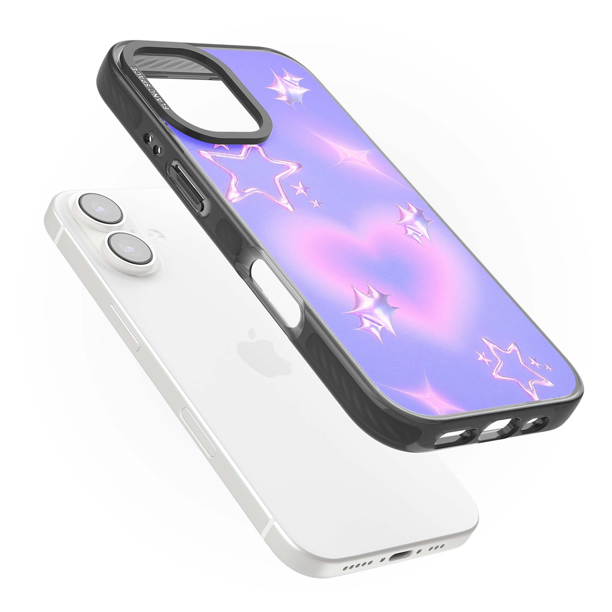 Soft Sugar Y2K iPhone case featuring iridescent chrome hearts, metallic pink stars and a lavender gradient sky | Black Impact case for iPhone 16, iPhone 16 Plus