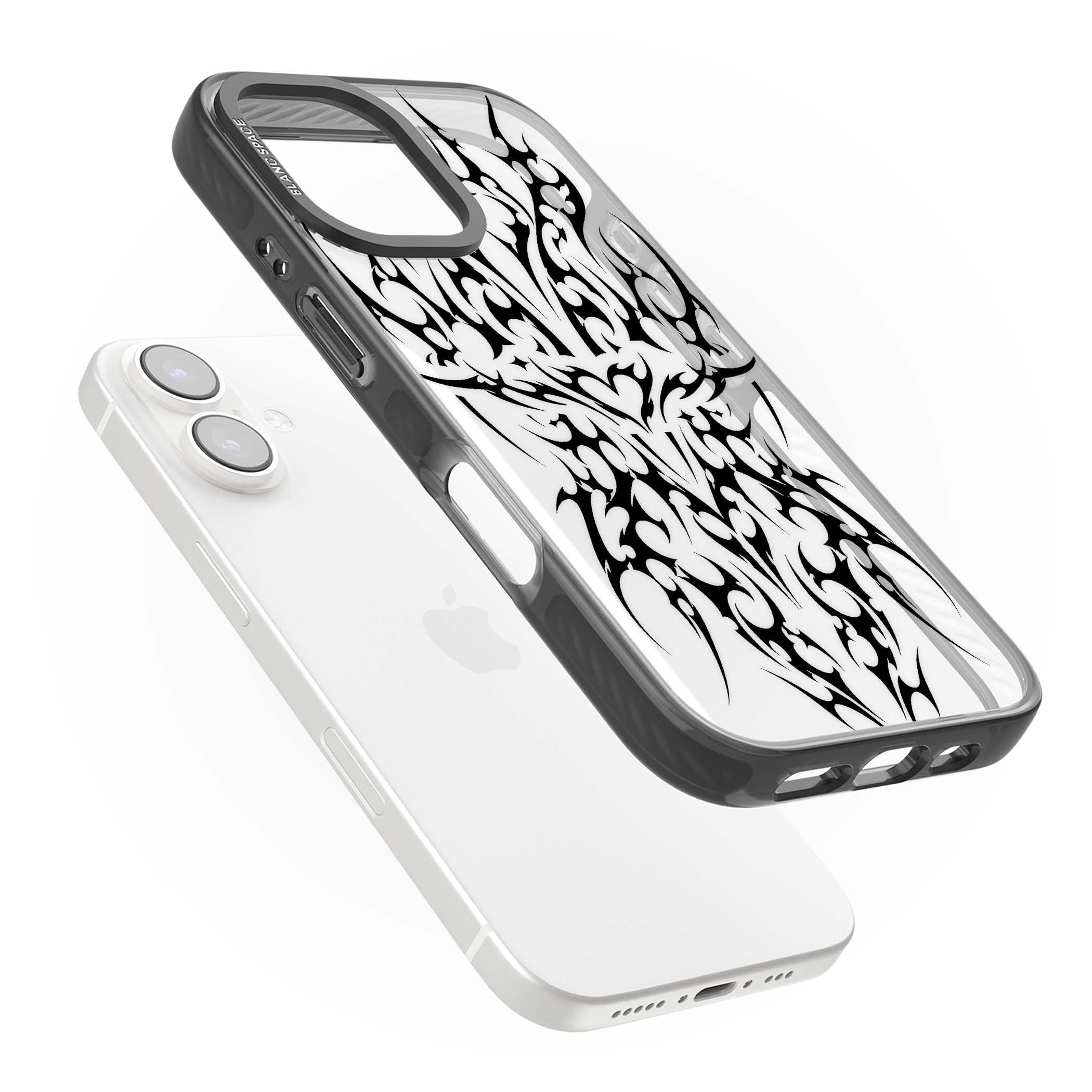 Neo Tribal Heart gothic iPhone case featuring symmetrical black tribal tattoo art with sharp thorn-like linework | Black Impact case for iPhone 16, iPhone 16 Plus