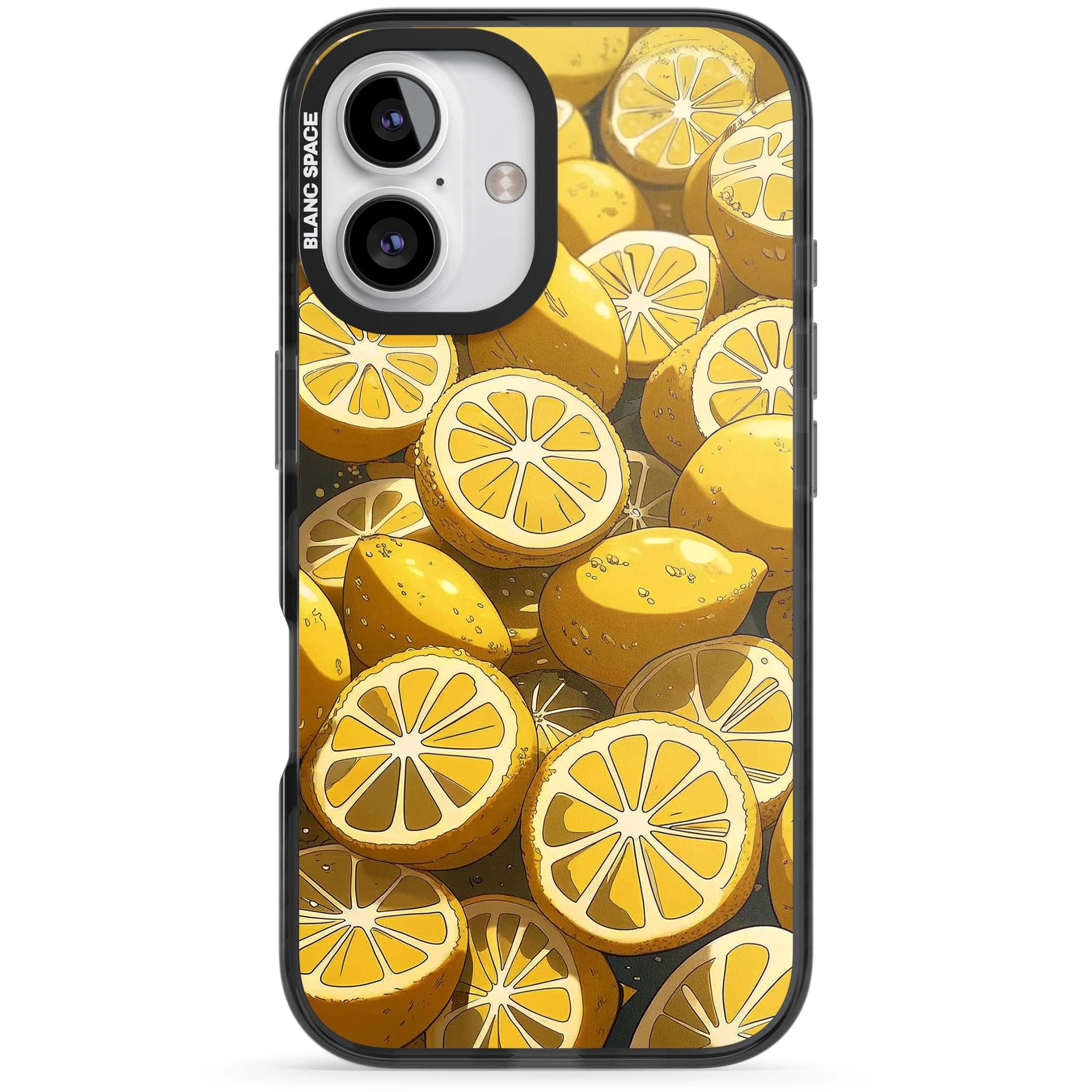 Zesty coastal iPhone case featuring illustrated Mediterranean lemons and citrus slices in golden yellow | Black Impact case for iPhone 16, iPhone 16 Plus