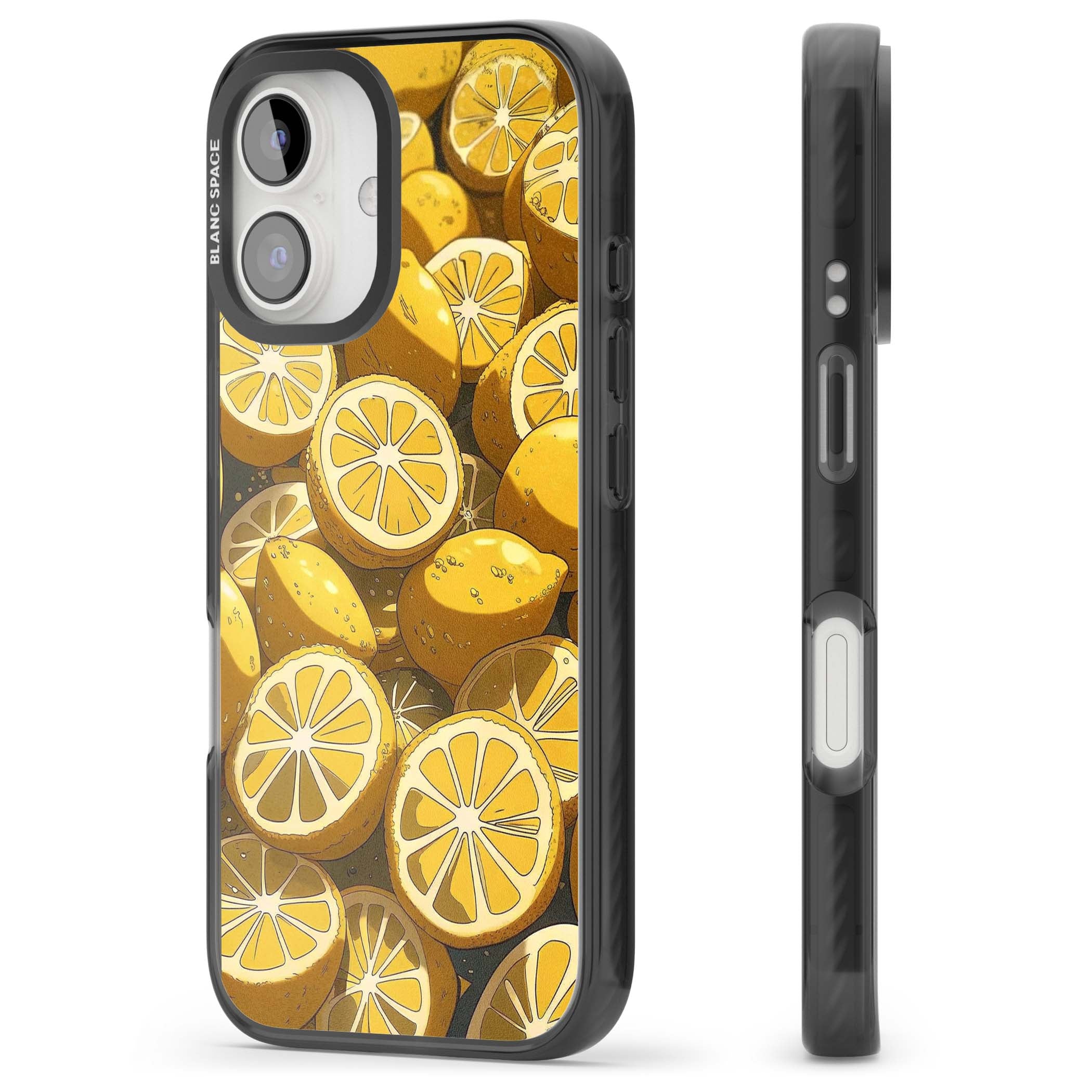 Zesty coastal iPhone case featuring illustrated Mediterranean lemons and citrus slices in golden yellow | Black Impact case for iPhone 16, iPhone 16 Plus