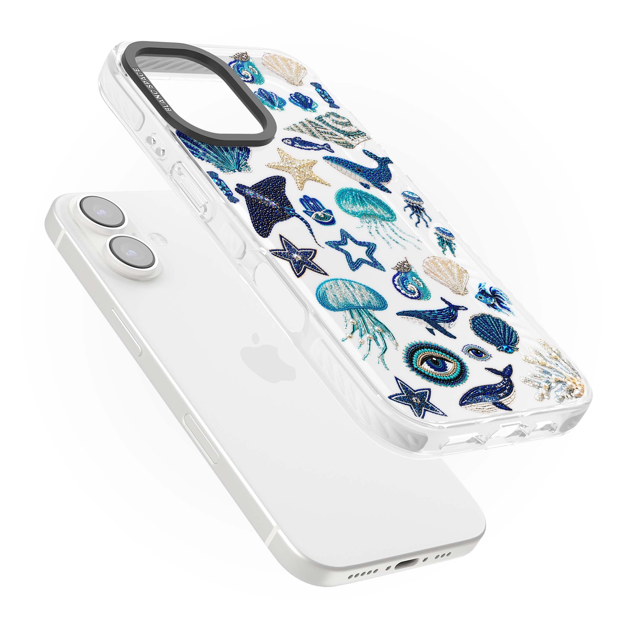 Beaded Coastal coastal iPhone case featuring embroidered seashells, jellyfish and a blue whale on clear | Clear Impact case for iPhone 16, iPhone 16 Plus