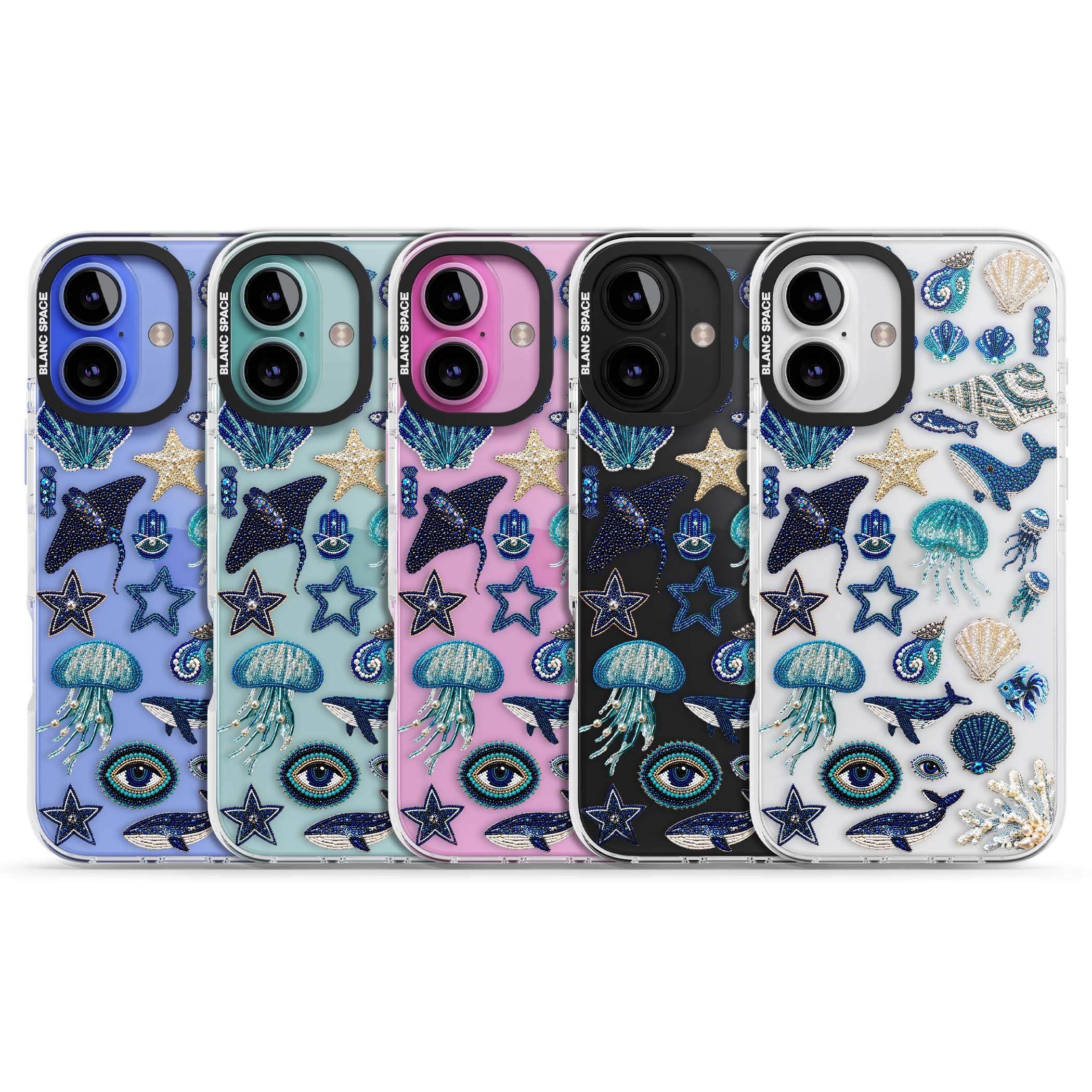 Beaded Coastal coastal iPhone case featuring embroidered seashells, jellyfish and a blue whale on clear | Clear Impact case for iPhone 16, iPhone 16 Plus