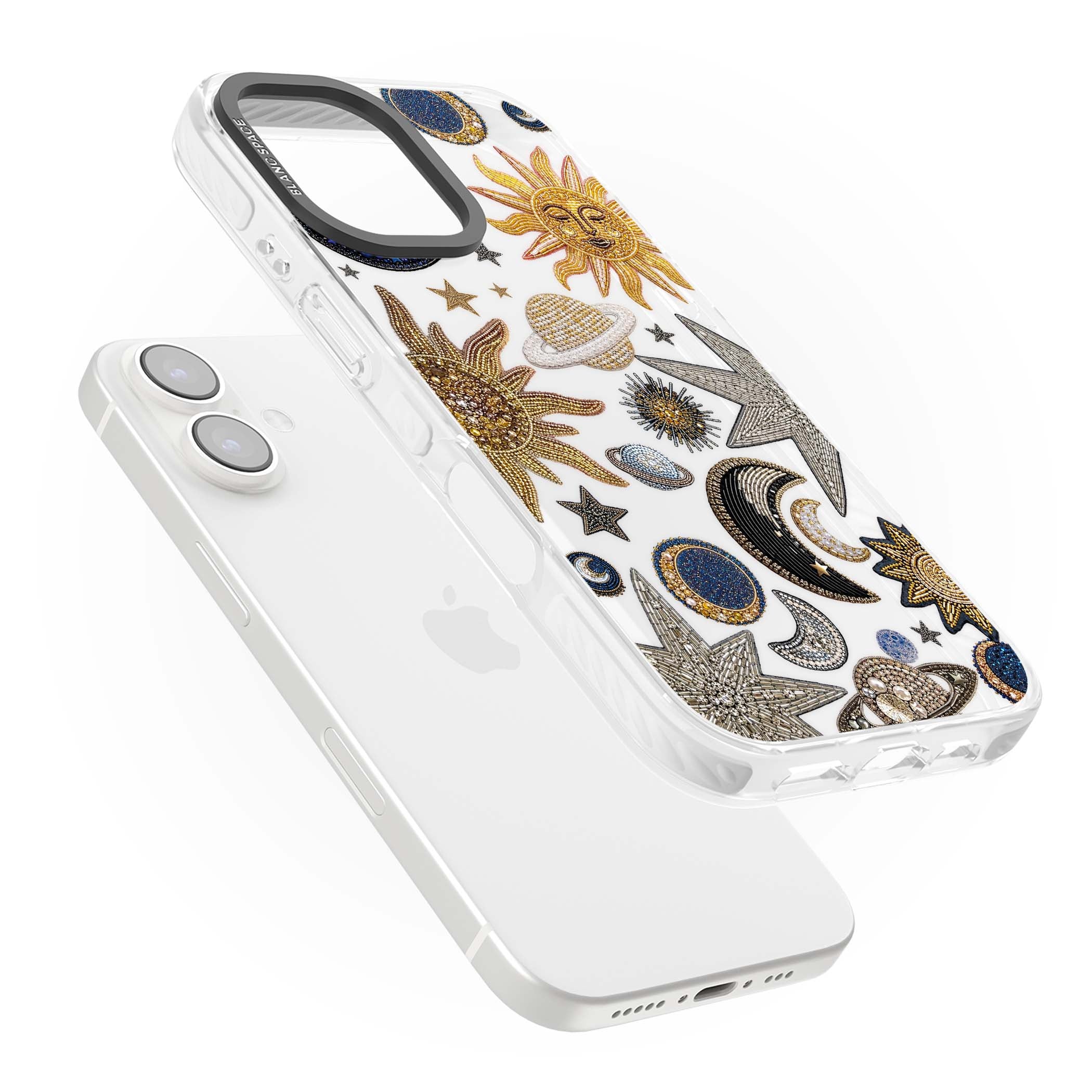 Beaded Cosmos celestial iPhone case featuring embroidered golden suns, beaded planets and silver shooting stars | Clear Impact case for iPhone 16, iPhone 16 Plus
