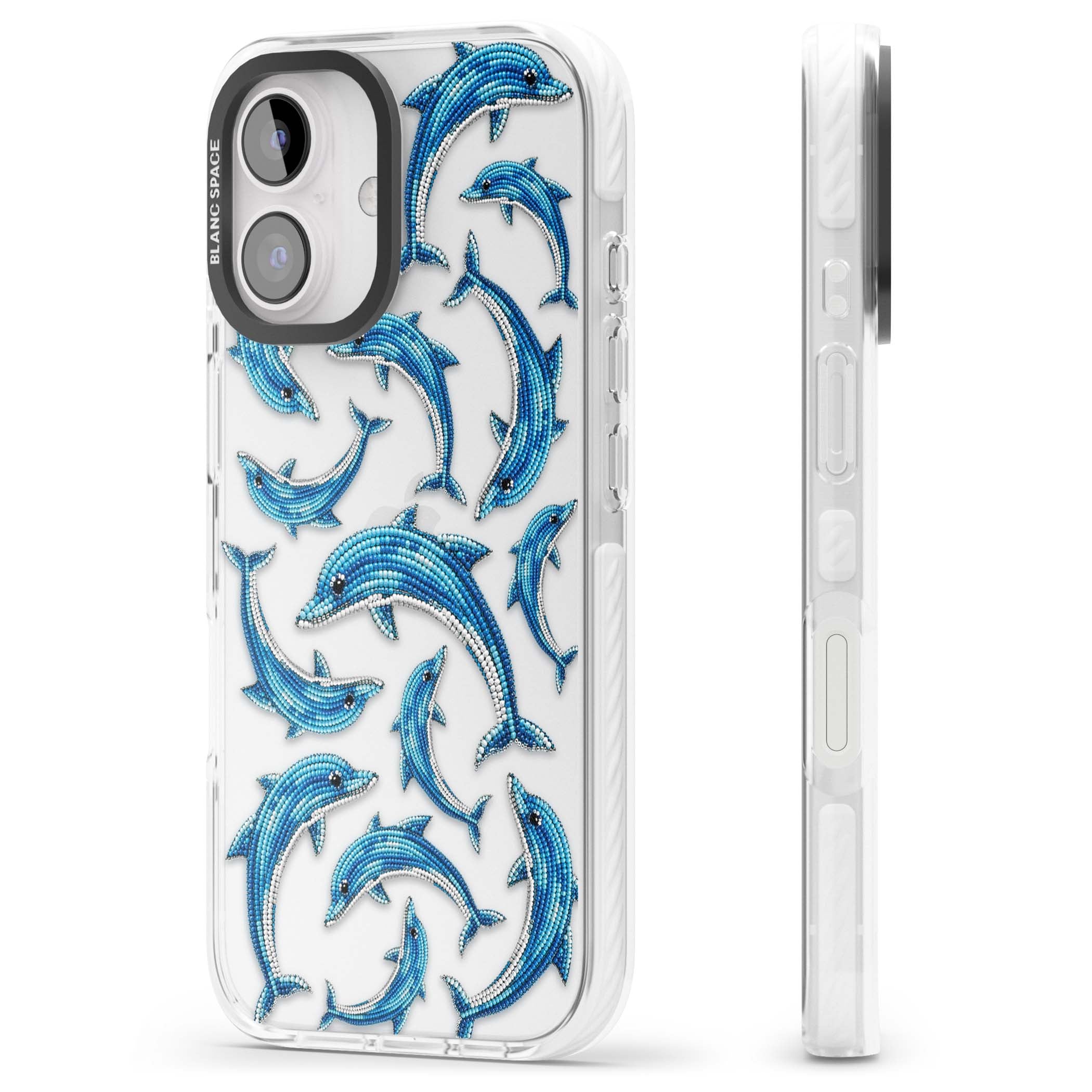 Beaded Dolphins coastal iPhone case featuring beaded dolphins in blue and white swimming across a clear background | Clear Impact case for iPhone 16, iPhone 16 Plus