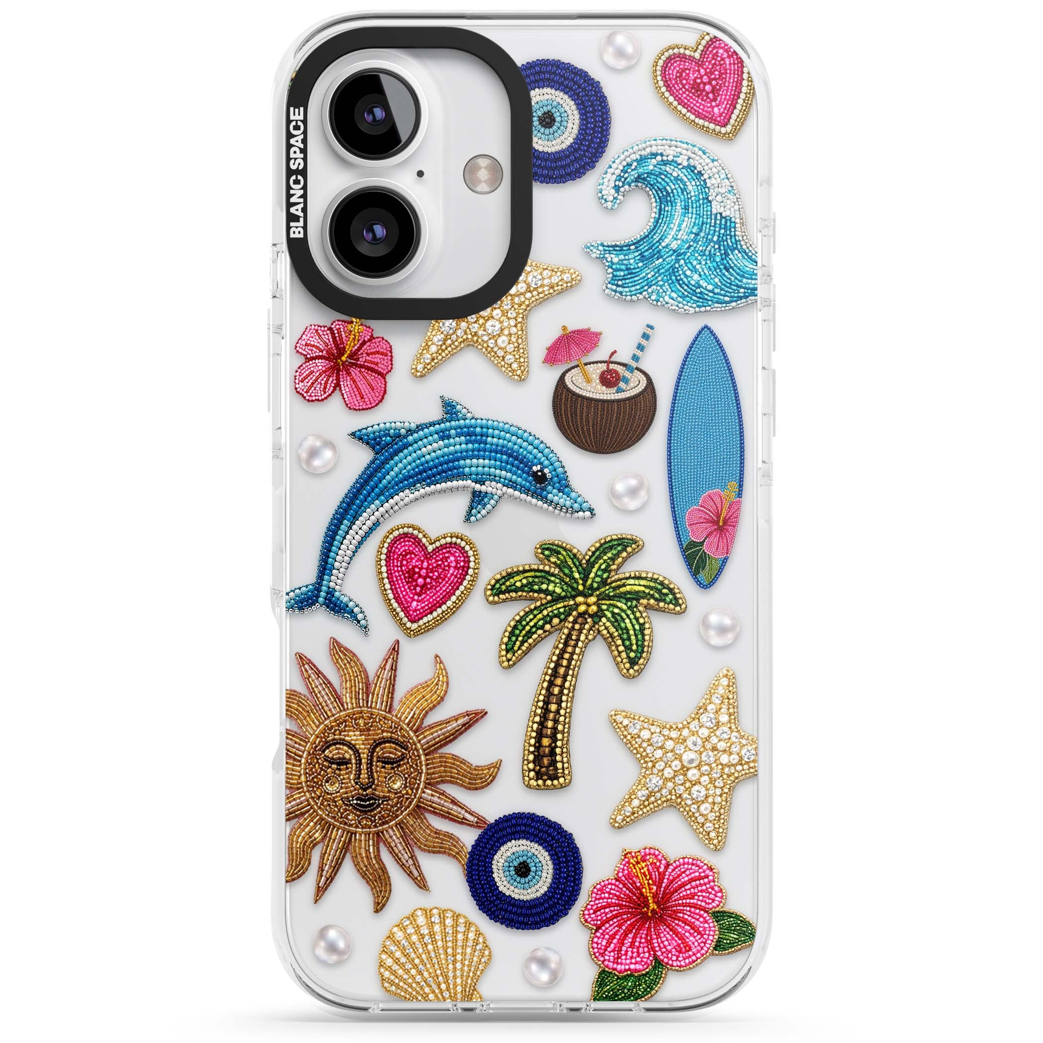 Beaded Beach coastal summer iPhone case featuring embroidered evil eye, hibiscus flowers, dolphin and palm tree patches | Clear Impact case for iPhone 16, iPhone 16 Plus