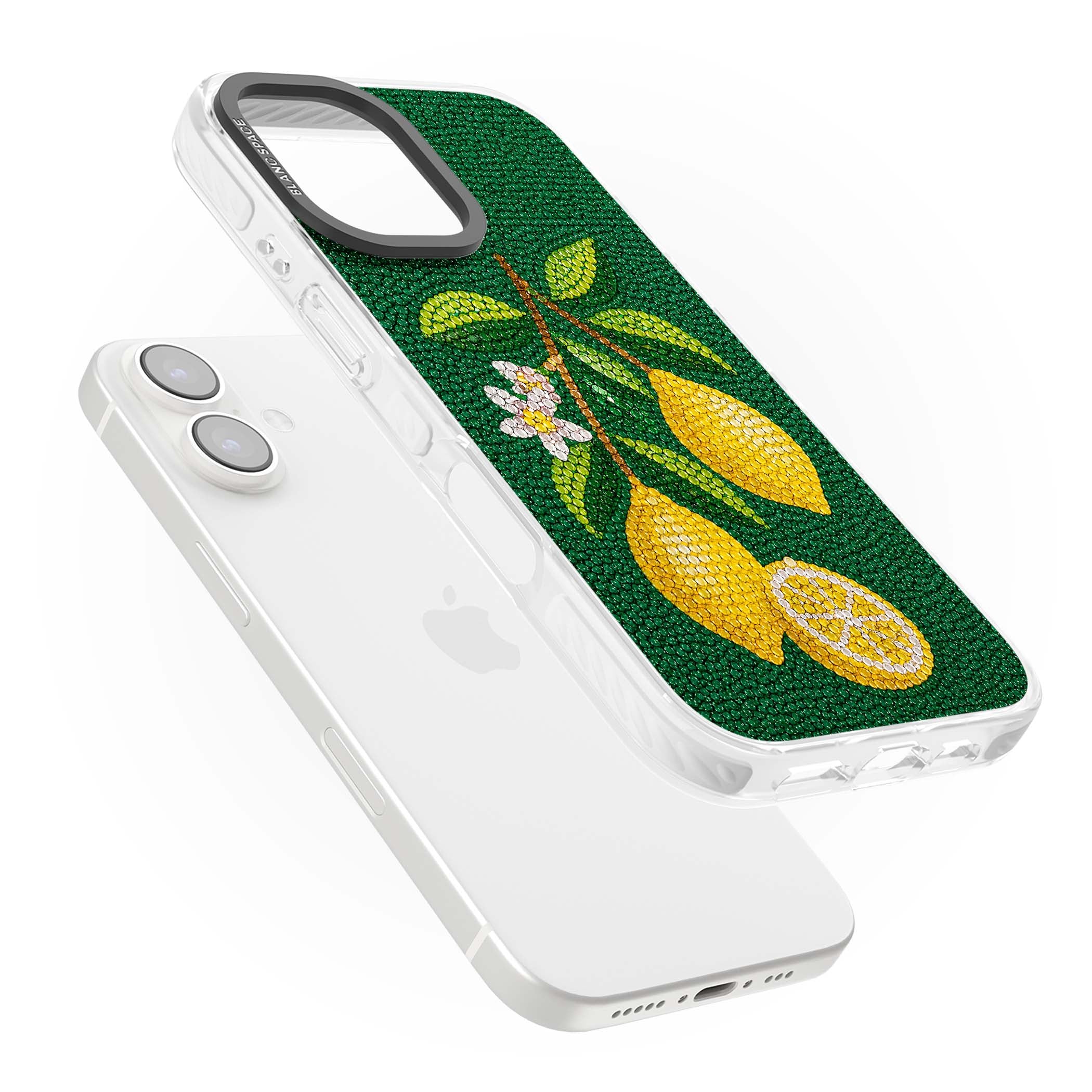 Beaded Lemons coastal iPhone case featuring crystal-beaded lemons, citrus blossom and green leaves on emerald ground | Clear Impact case for iPhone 16, iPhone 16 Plus