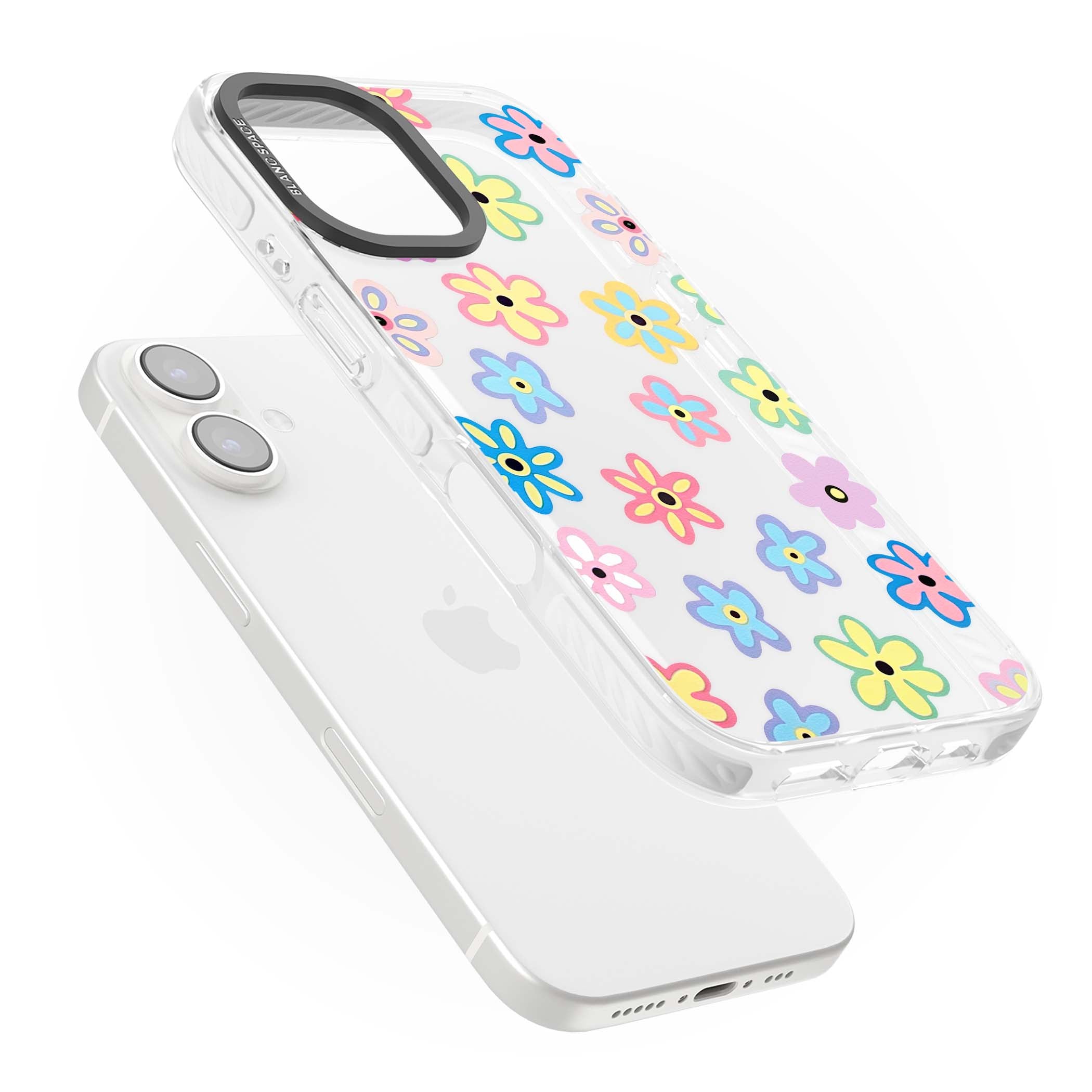 Bloom Pop cottagecore iPhone case featuring multicolor pastel flowers with black centers on clear background | Clear Impact case for iPhone 16, iPhone 16 Plus
