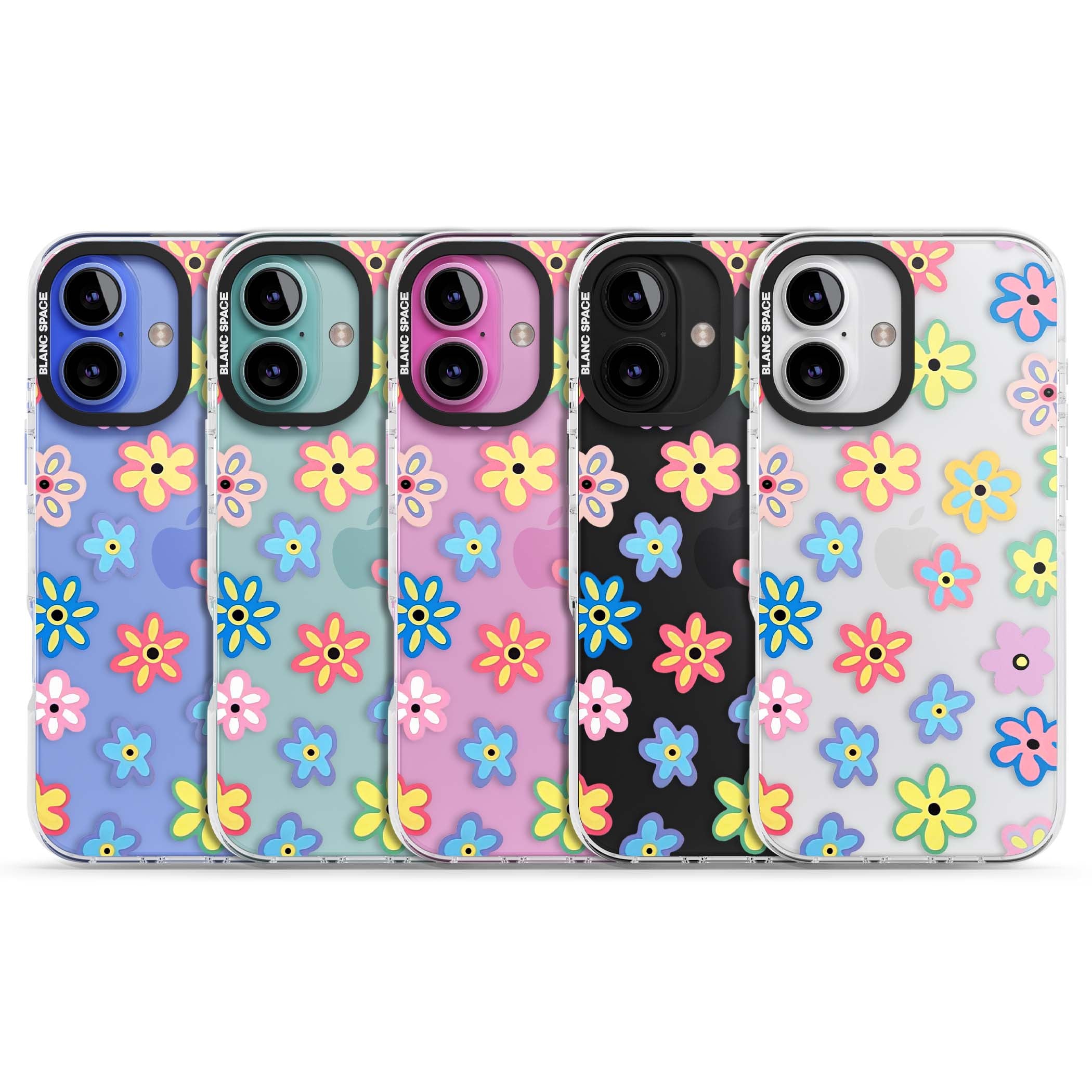 Bloom Pop cottagecore iPhone case featuring multicolor pastel flowers with black centers on clear background | Clear Impact case for iPhone 16, iPhone 16 Plus