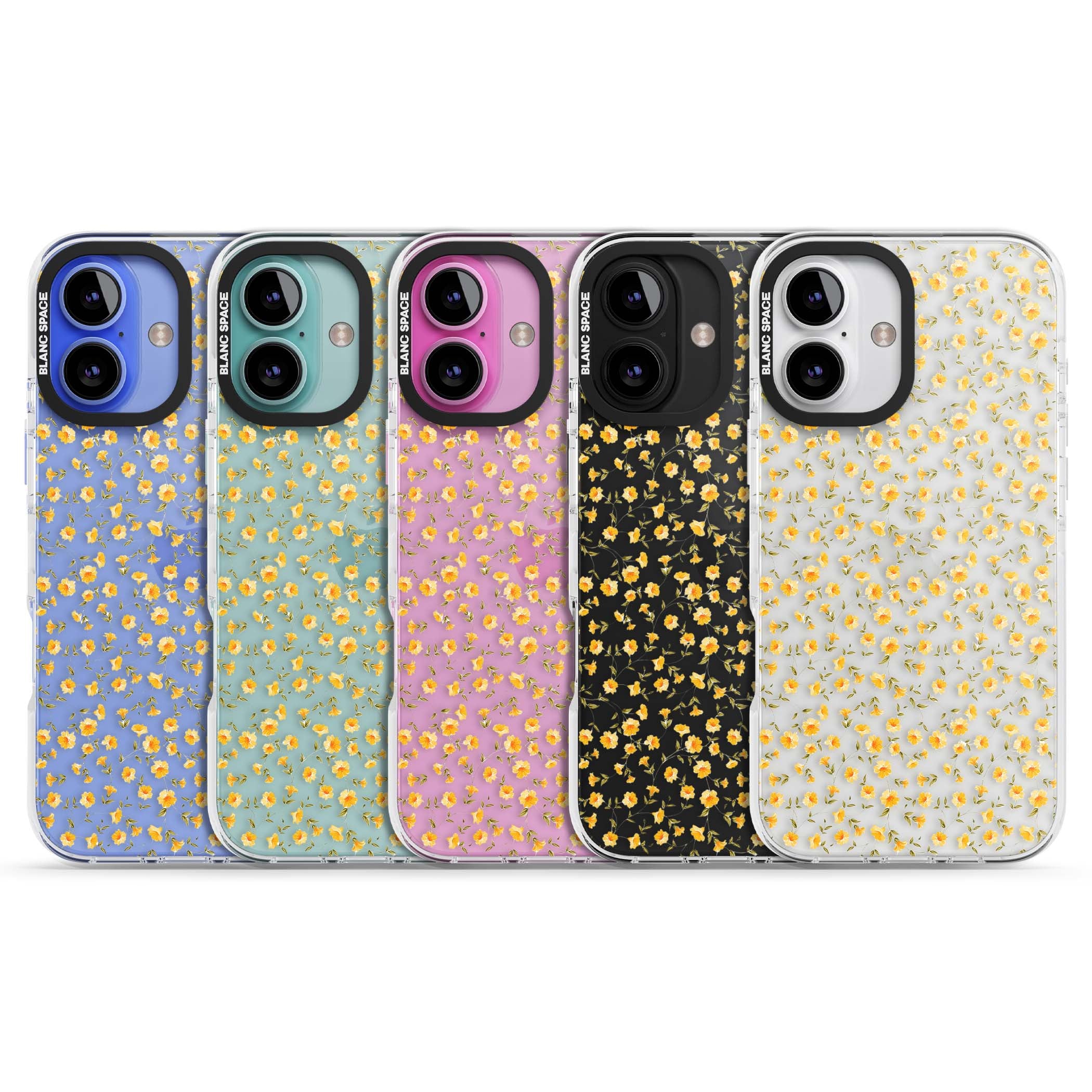 Buttercup wildflower iPhone case featuring tiny yellow flowers and trailing green vines on clear | Clear Impact case for iPhone 16, iPhone 16 Plus