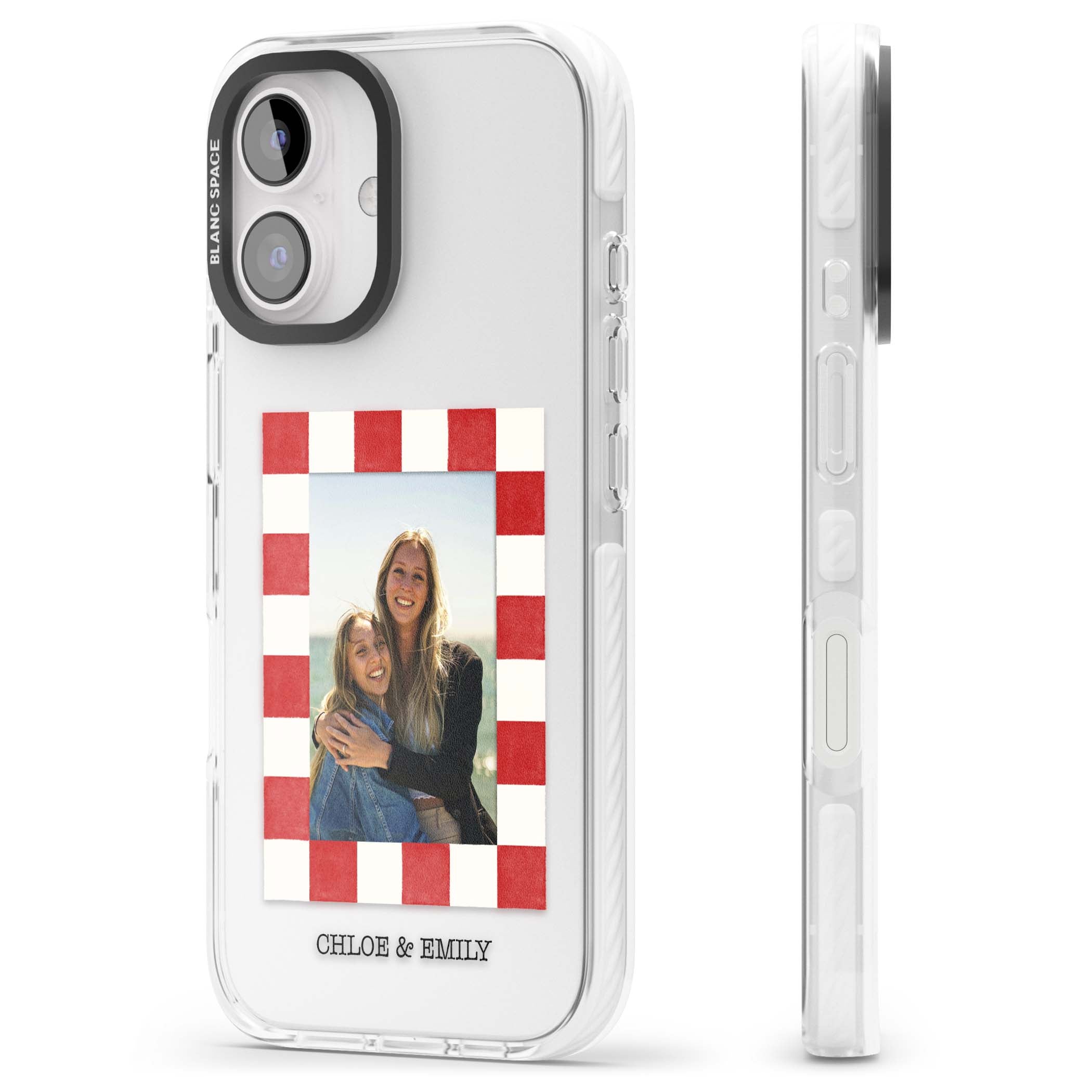 Red Check Photo personalised photo iPhone case with red and white checkered polaroid frame and custom couple name | Clear Impact case for iPhone 16, iPhone 16 Plus