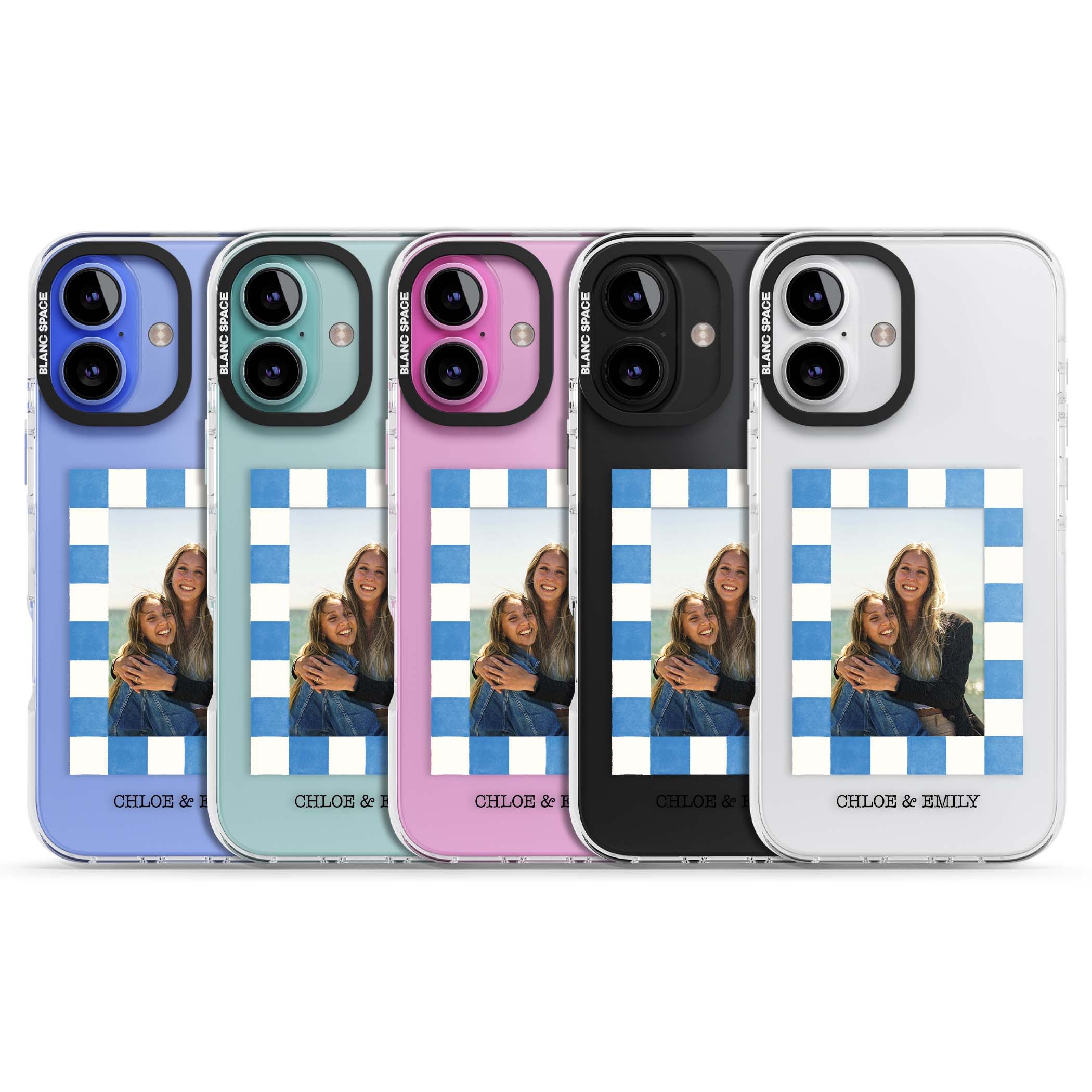 Blue Check Photo personalised photo iPhone case with blue checkered frame and custom couple names | Clear Impact case for iPhone 16, iPhone 16 Plus