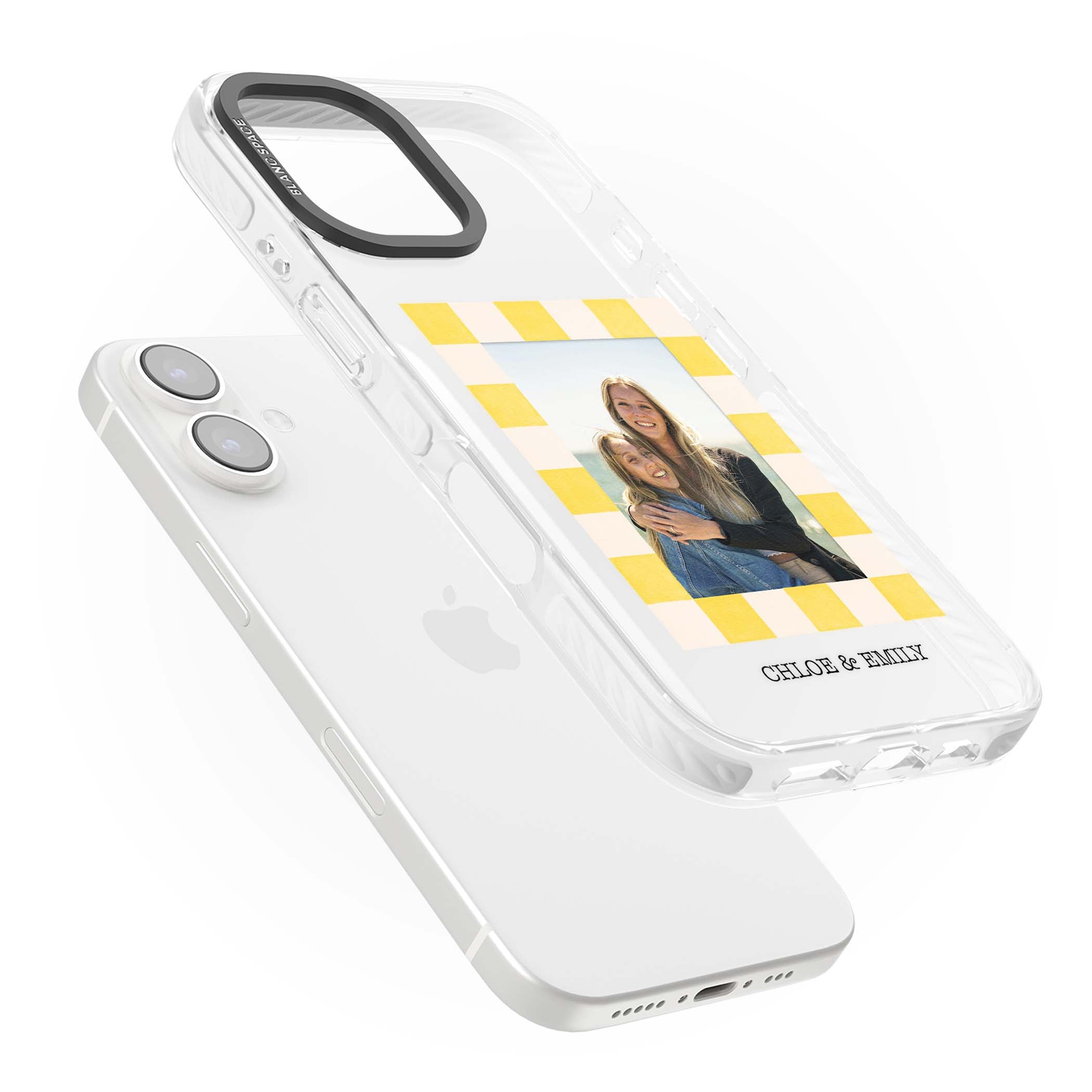 Yellow Check Photo personalised iPhone case with yellow checkered Polaroid frame and custom names beneath | Clear Impact case for iPhone 16, iPhone 16 Plus
