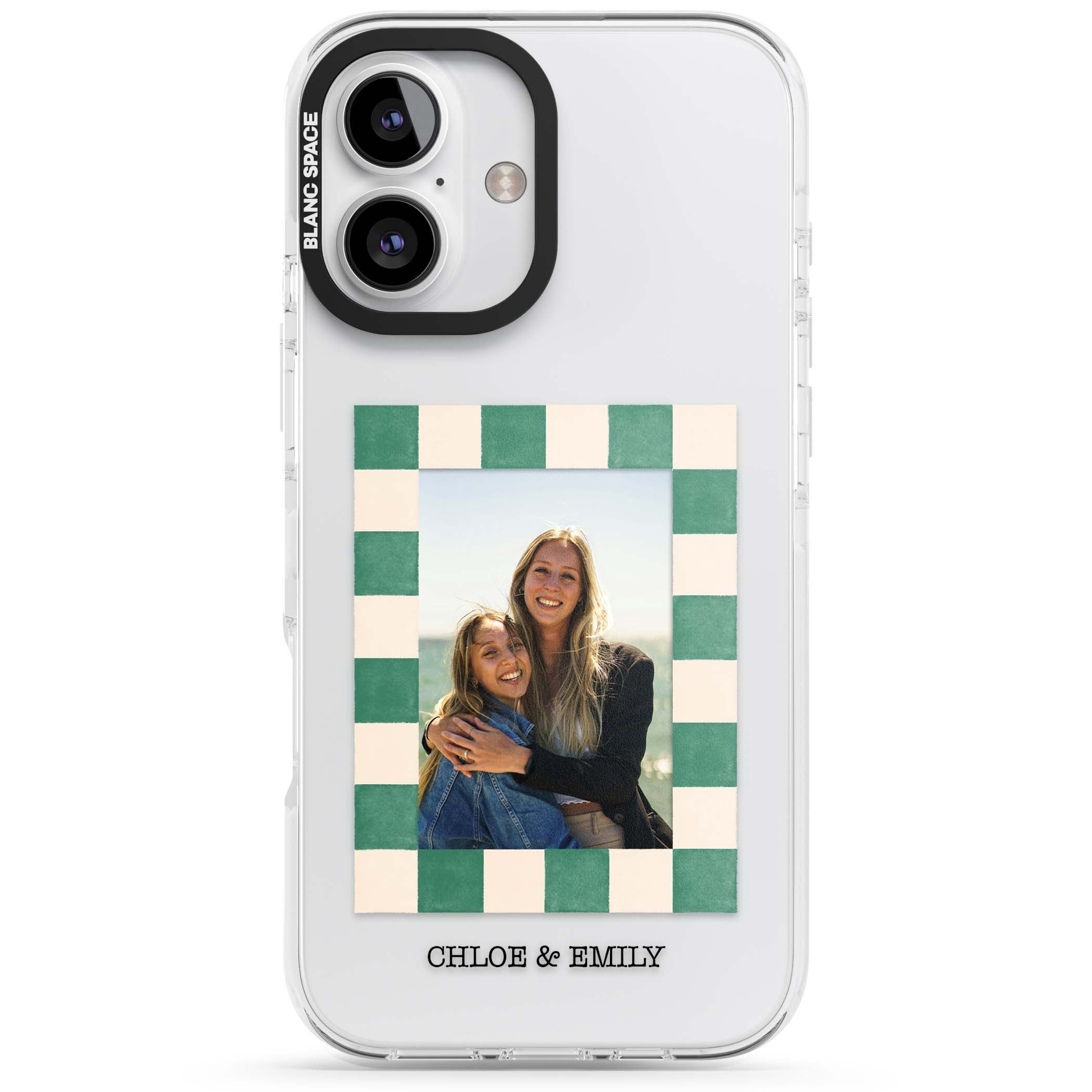 Seafoam Check Photo personalised iPhone case featuring a custom polaroid photo, green and cream checkered frame, and custom n | Clear Impact case for iPhone 16, iPhone 16 Plus