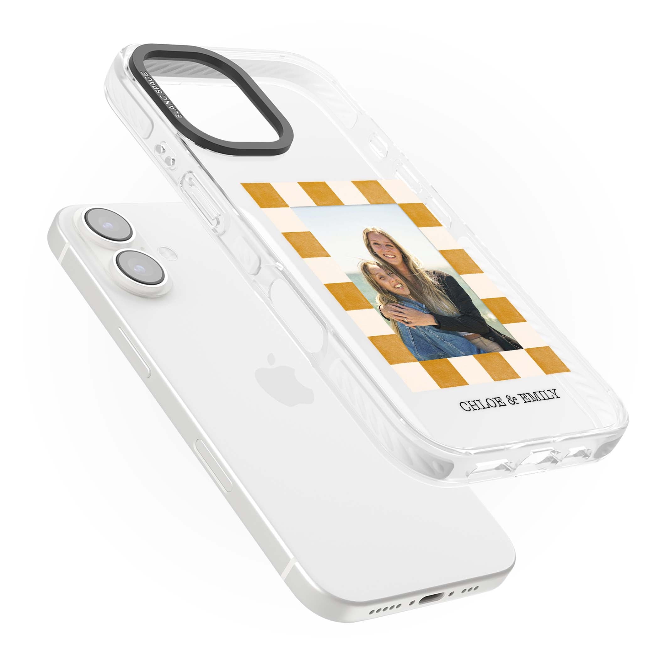 Citrus Check Photo personalised iPhone case with custom photo, orange checkered frame and names underneath | Clear Impact case for iPhone 16, iPhone 16 Plus